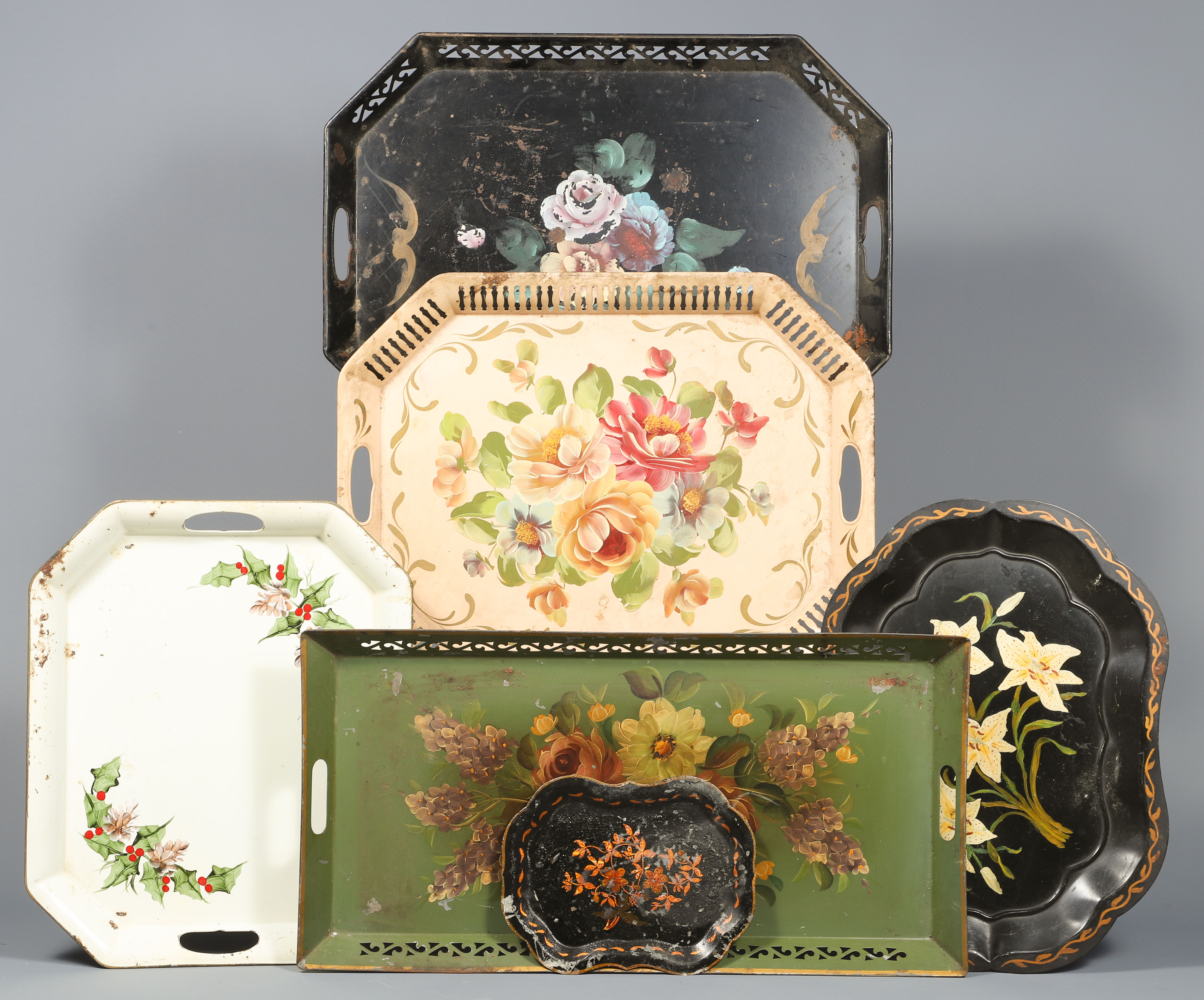 (6) Floral painted tole style trays,