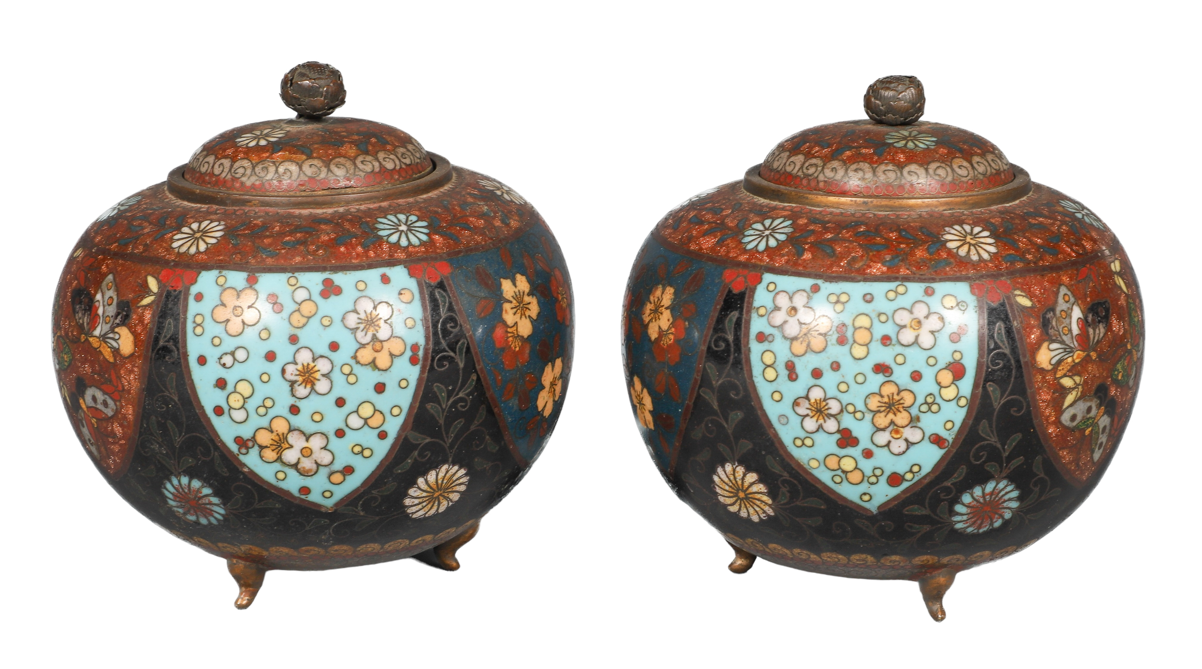 Japanese cloisonne jar pair, lotus