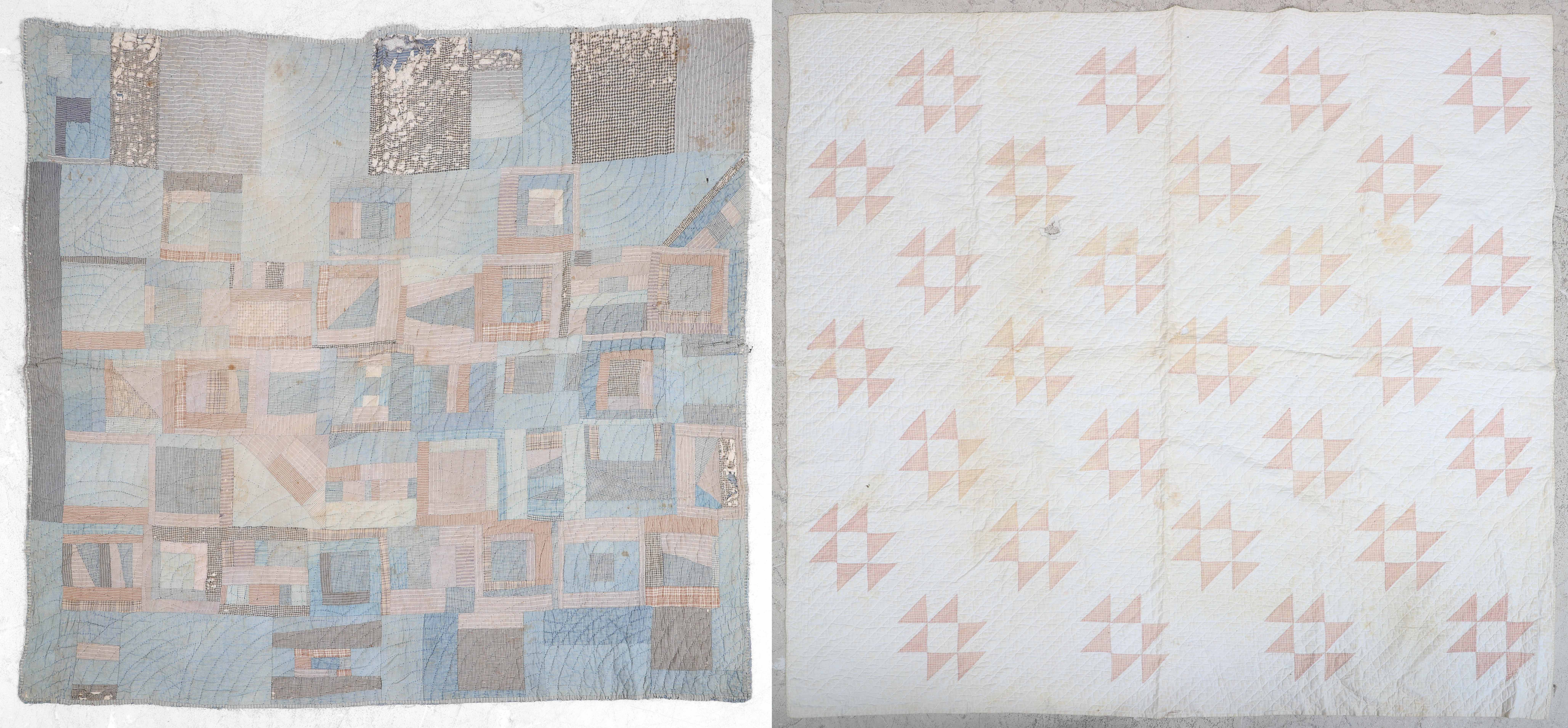 (2) Hand sewn quilts, poor condition,