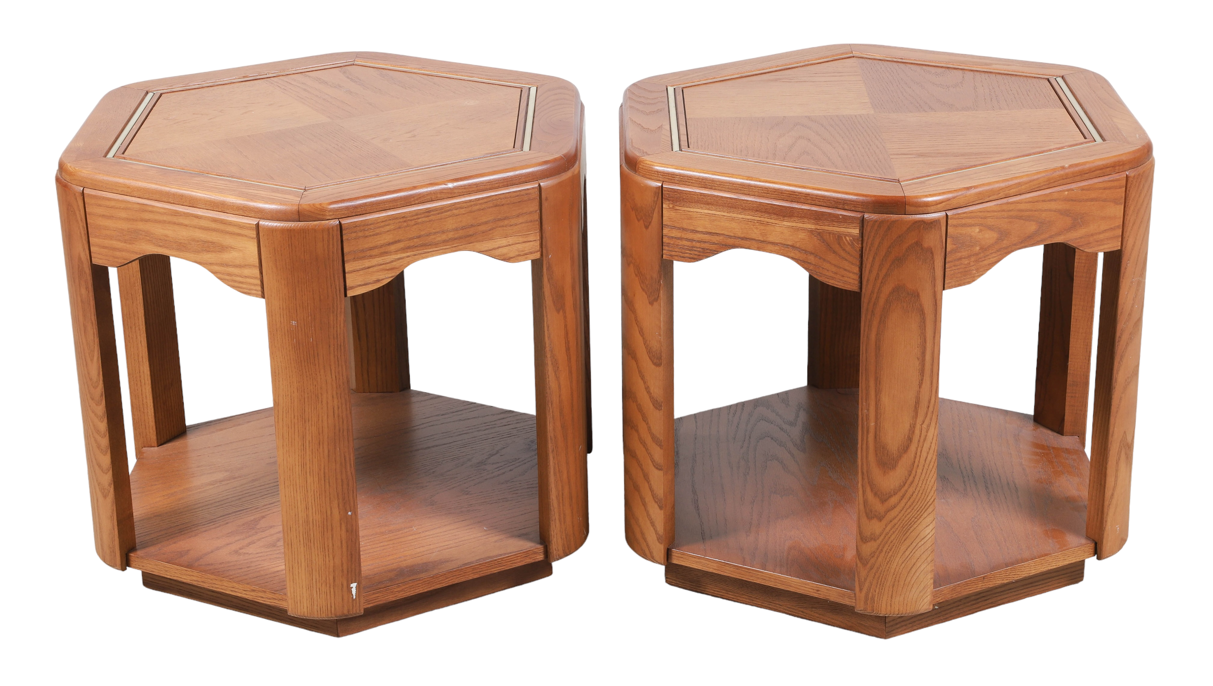 Pair Bassett oak 2-tier side tables,