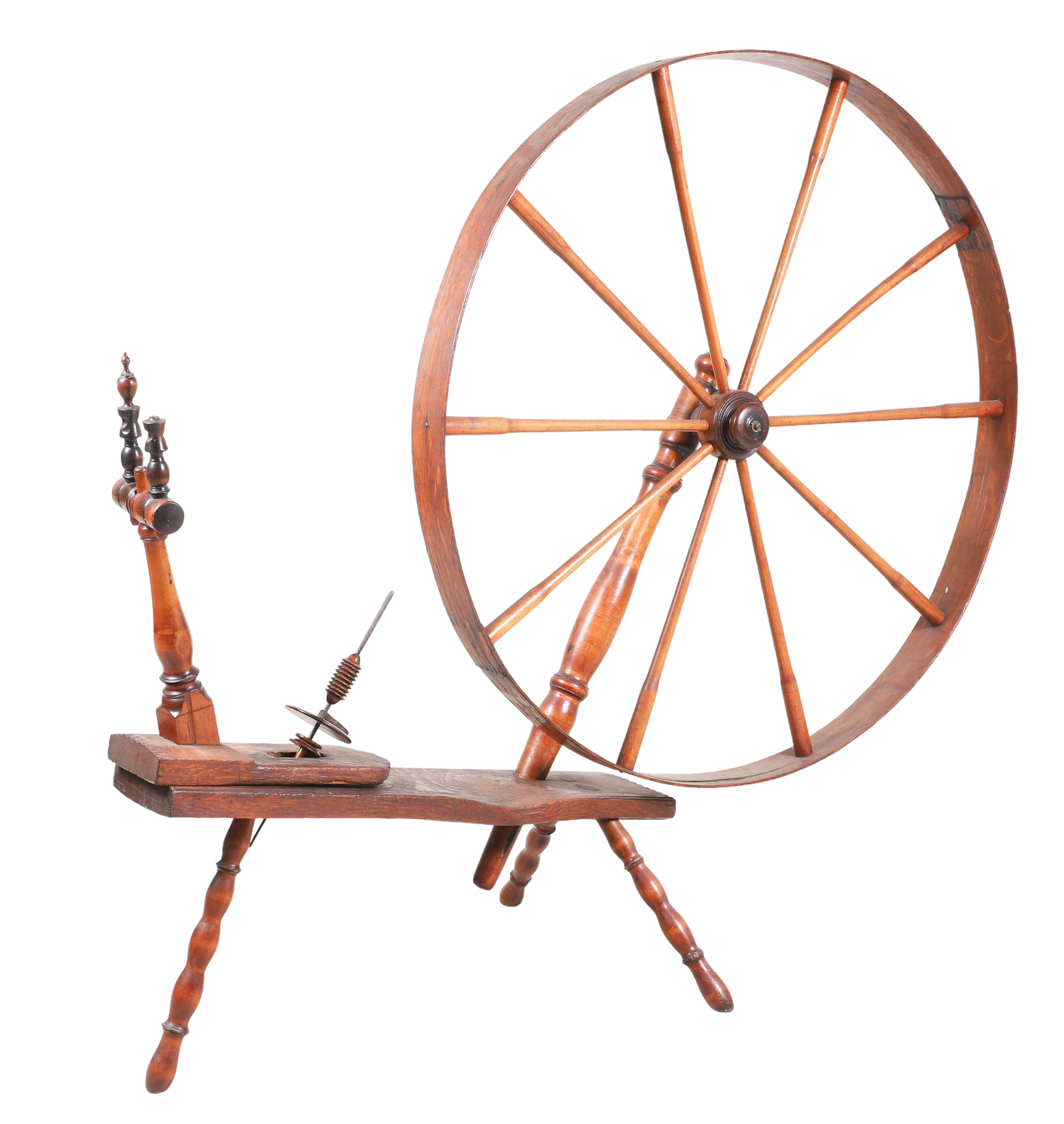 Oak spinning wheel, on turned splayed