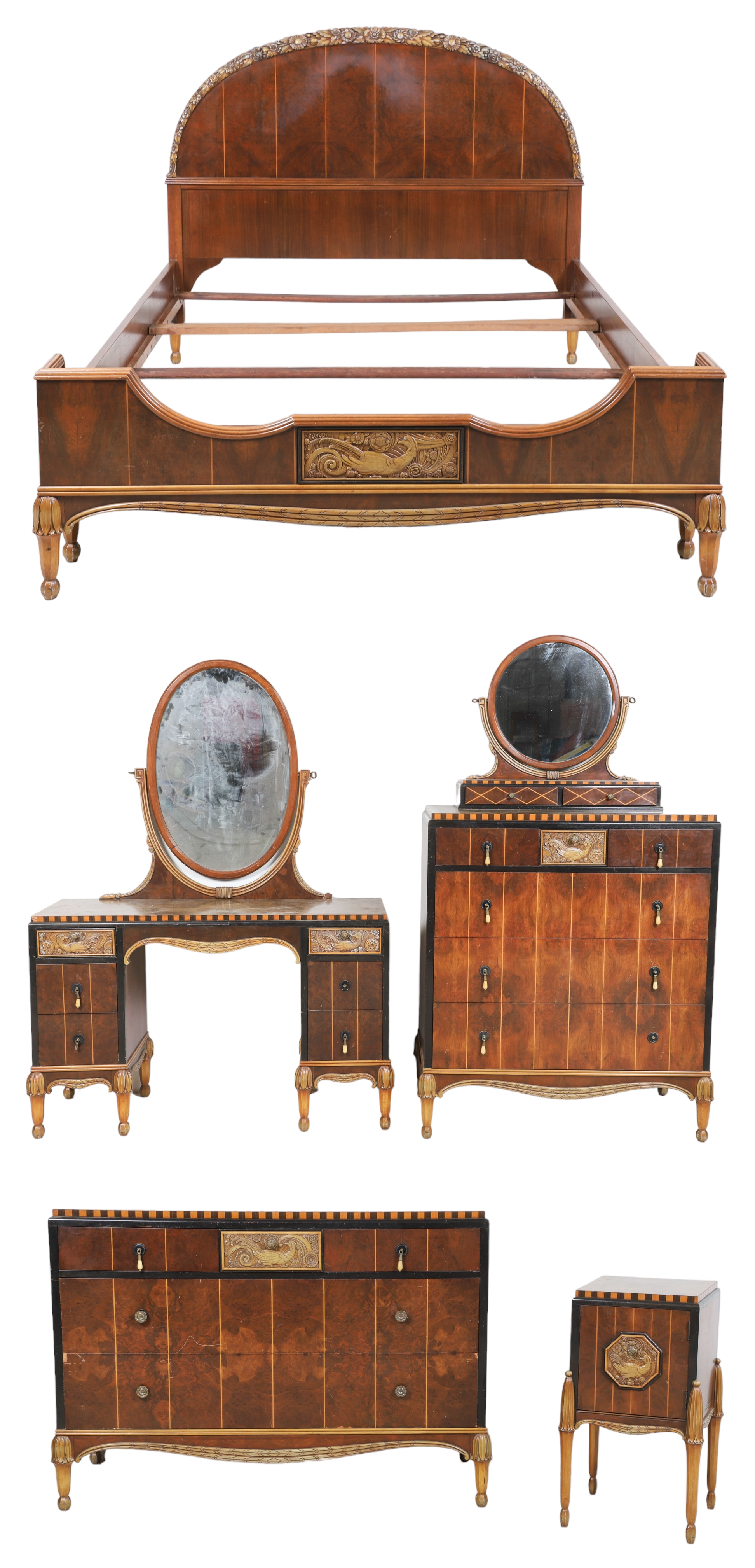 (5) pc French style inlaid bedroom set,