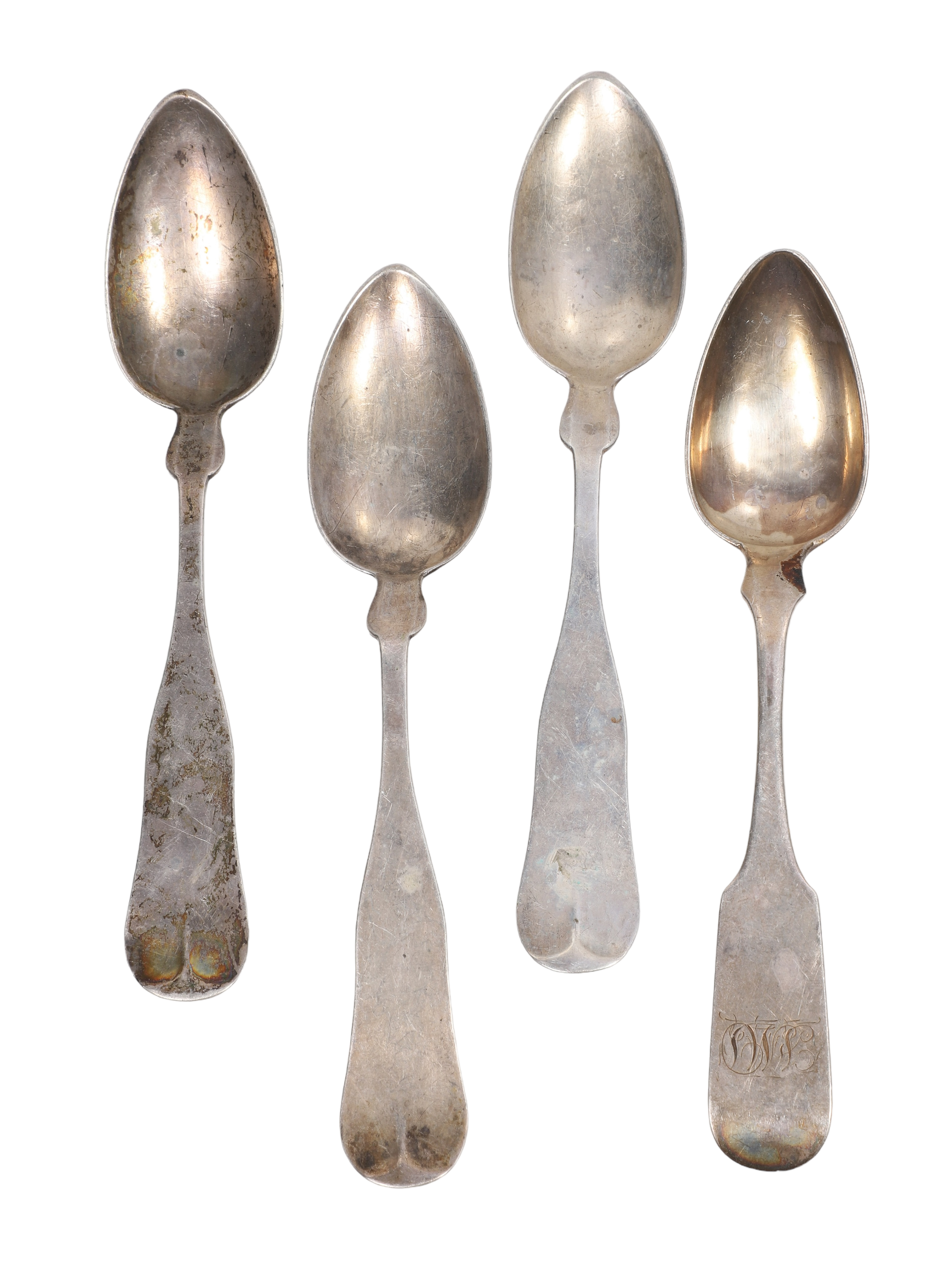 (4) Coin silver teaspoons, 2/13 TO,