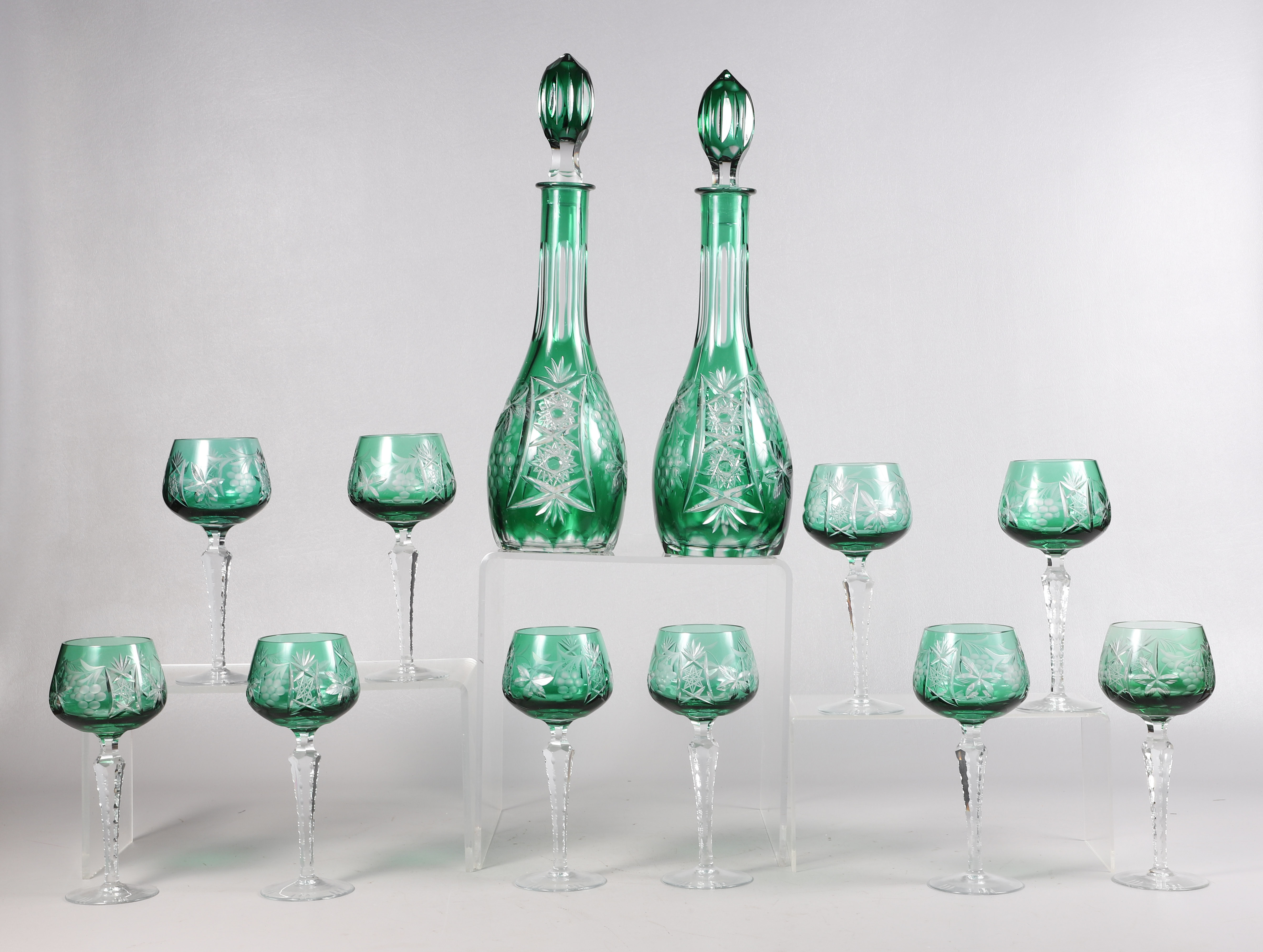 Green Glass Decanter and Wine Hock Set