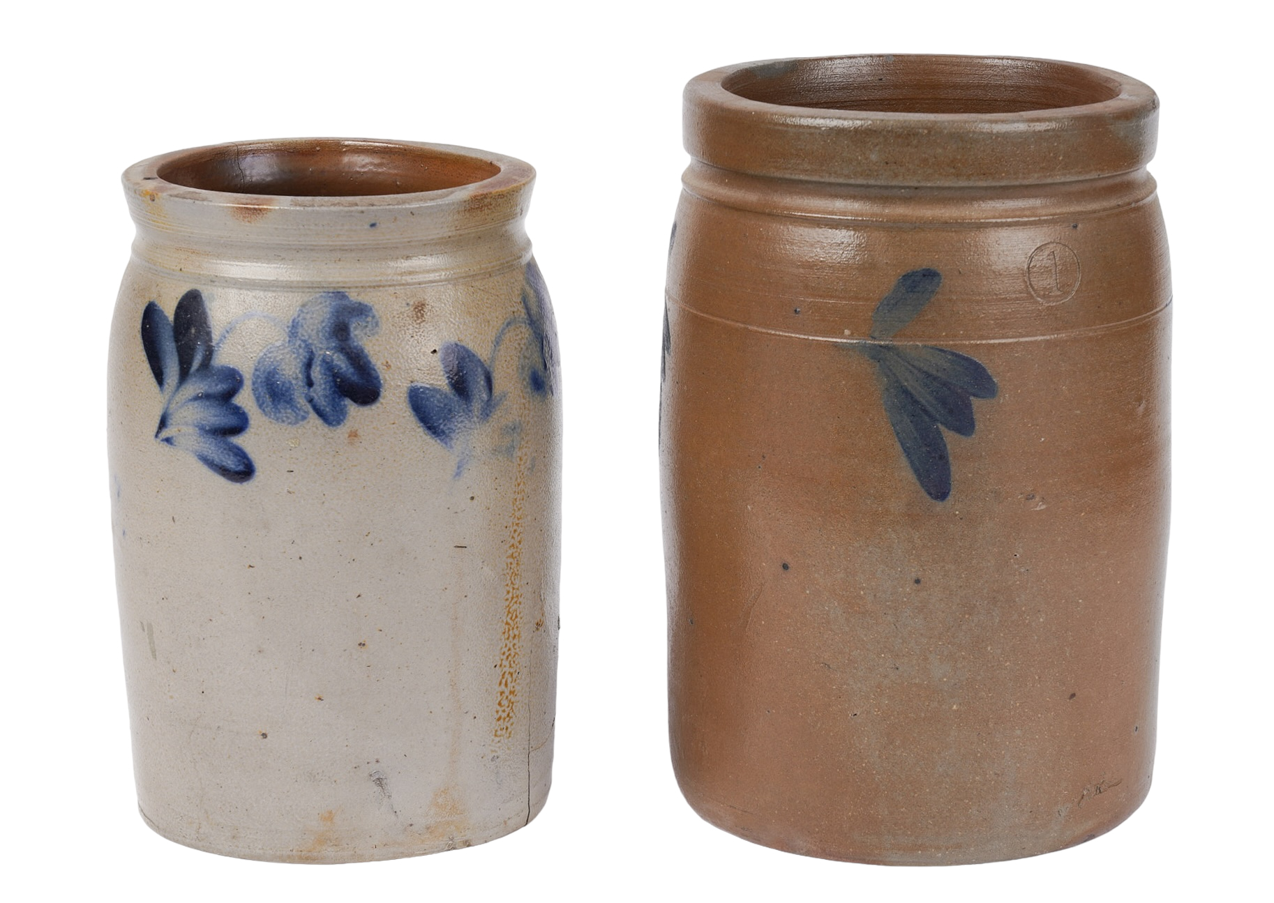 (2) Blue decorated stoneware jars, each