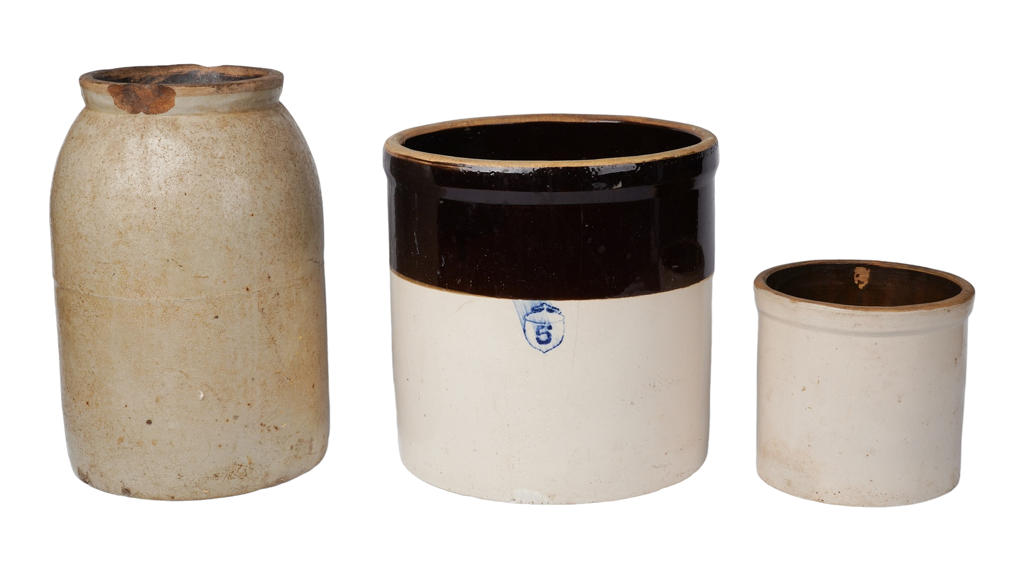 (3) Stoneware crocks to include 5-gallon