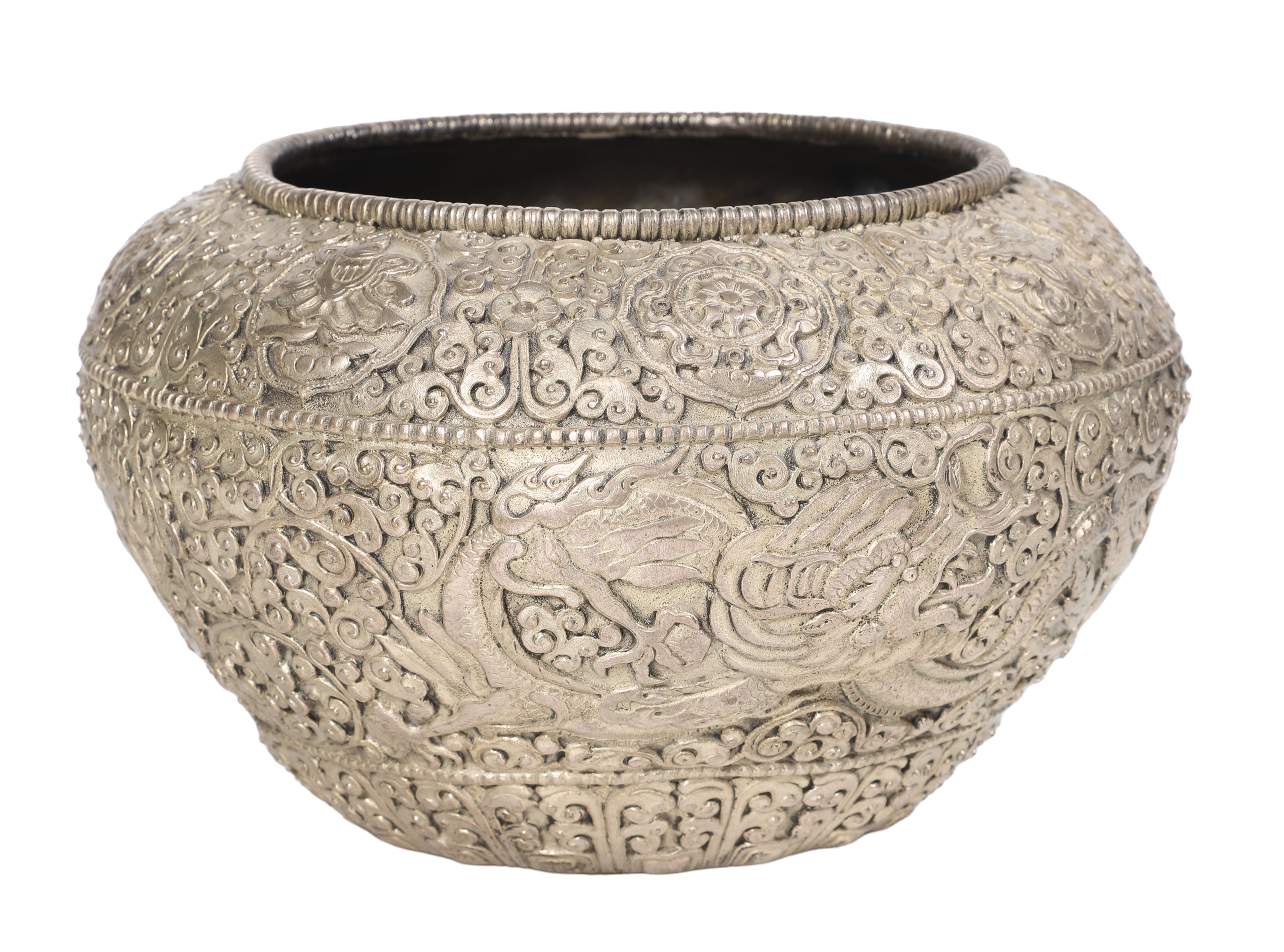 Tibetan silvered metal bowl, Buddhist