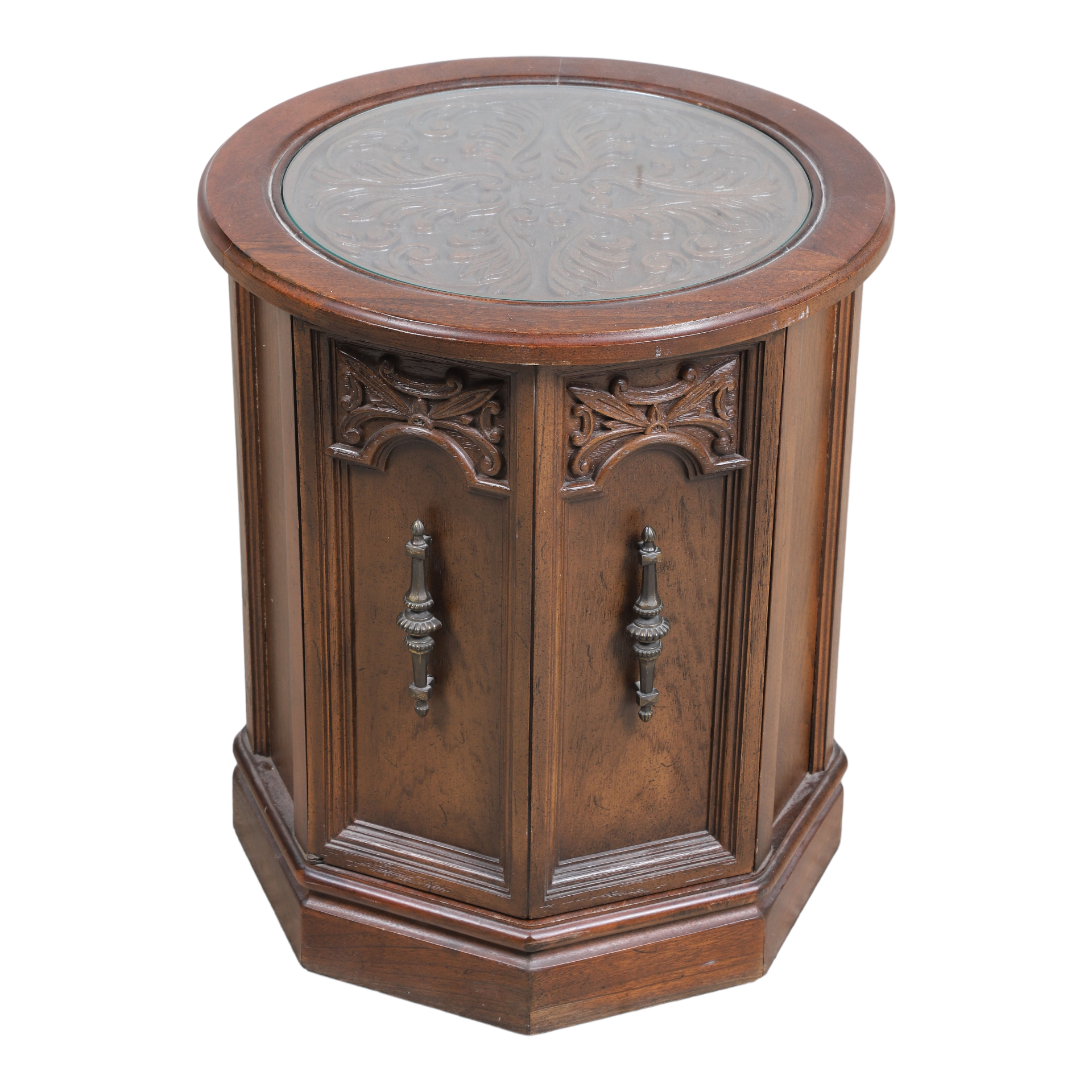 Carved mahogany glass top side table,