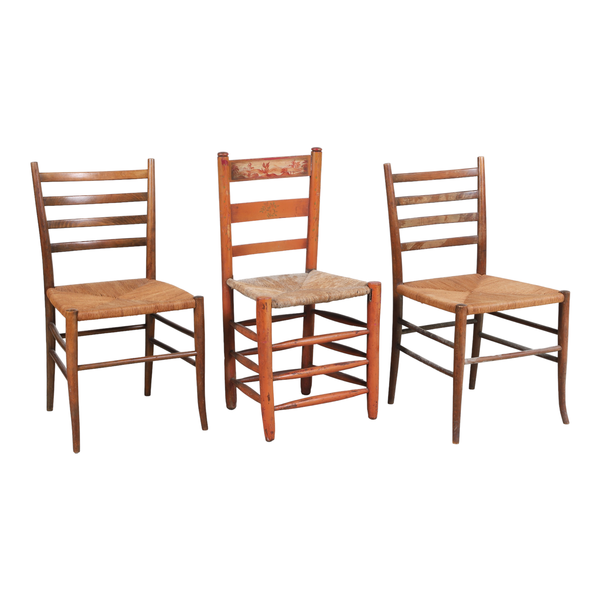 (3) Ladderback rush seat side chairs,