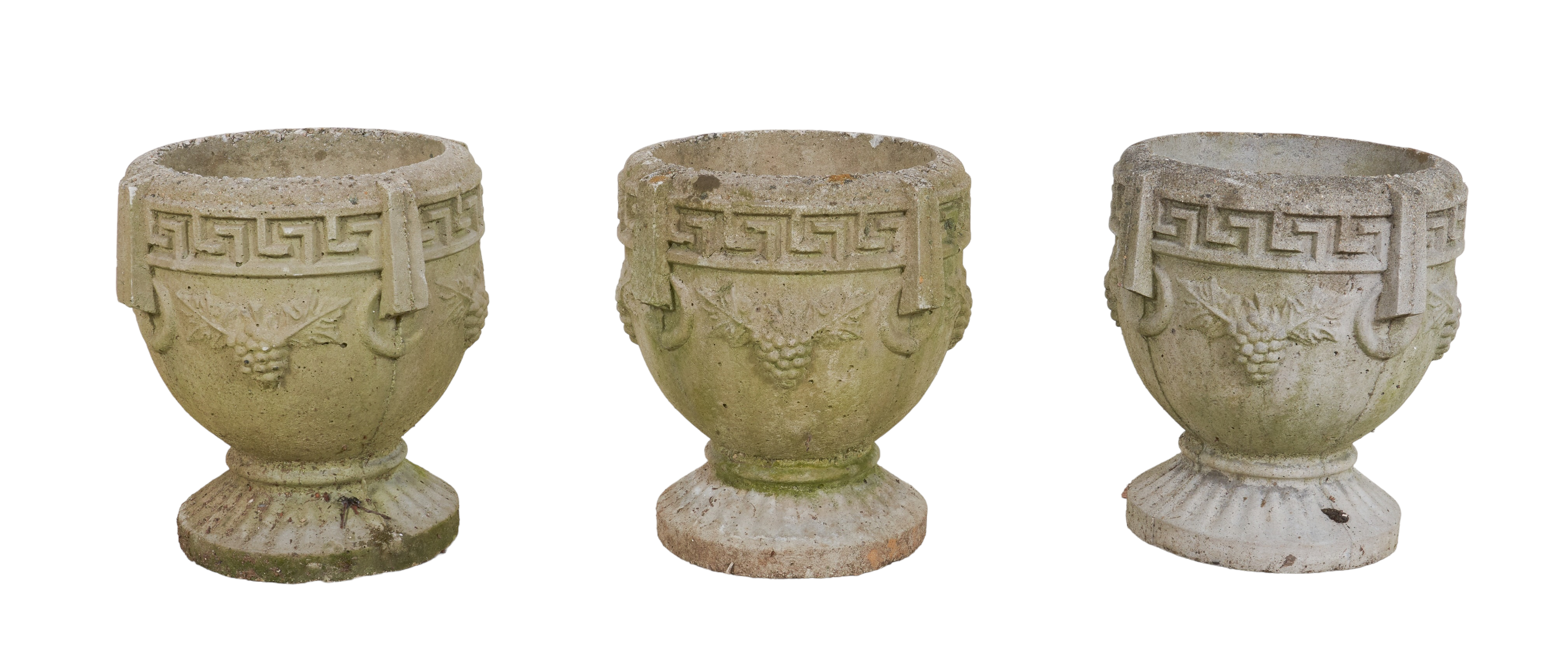 (3) cement planters, greek key decoration