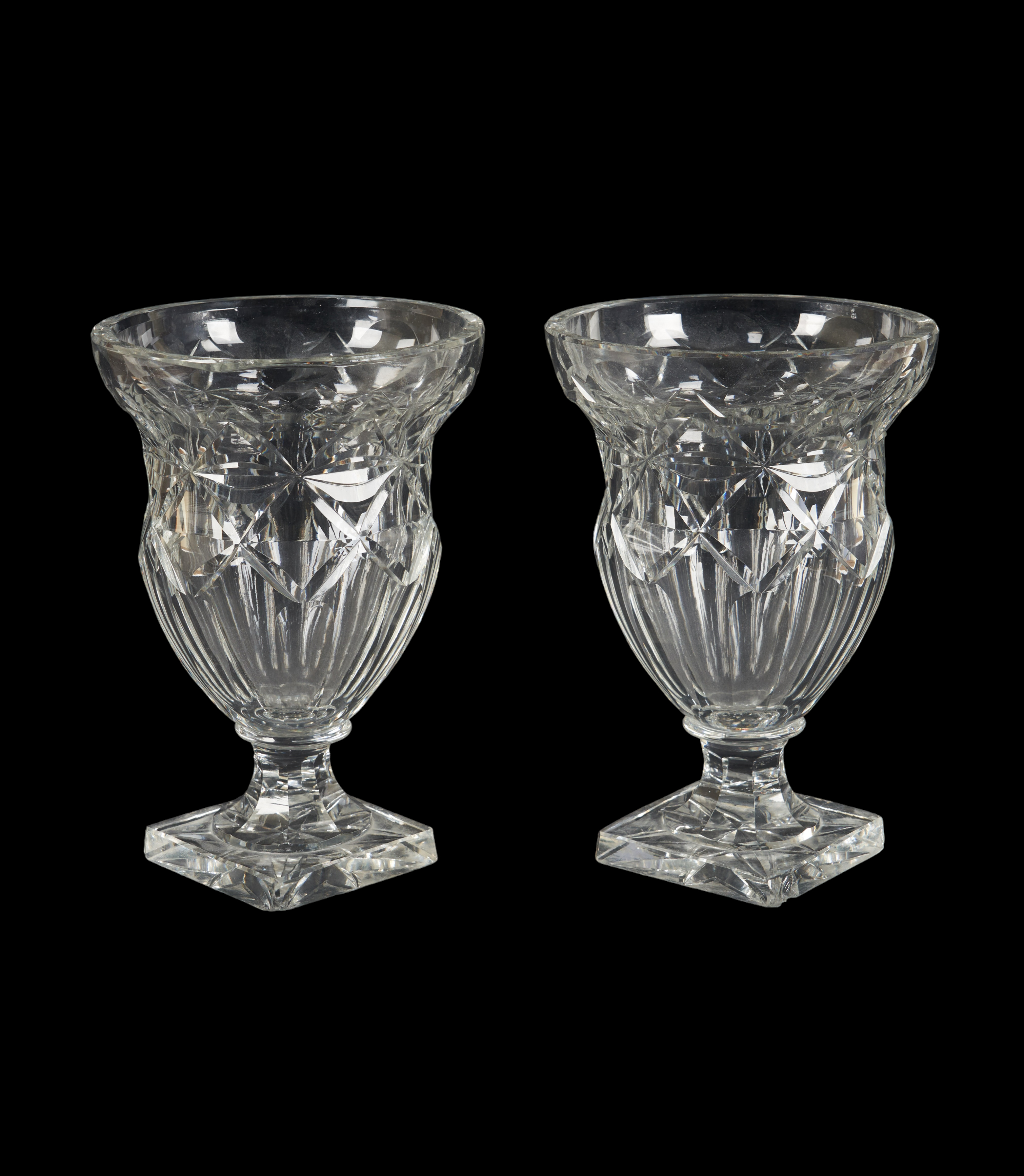 19th C cut glass urn pair, raised