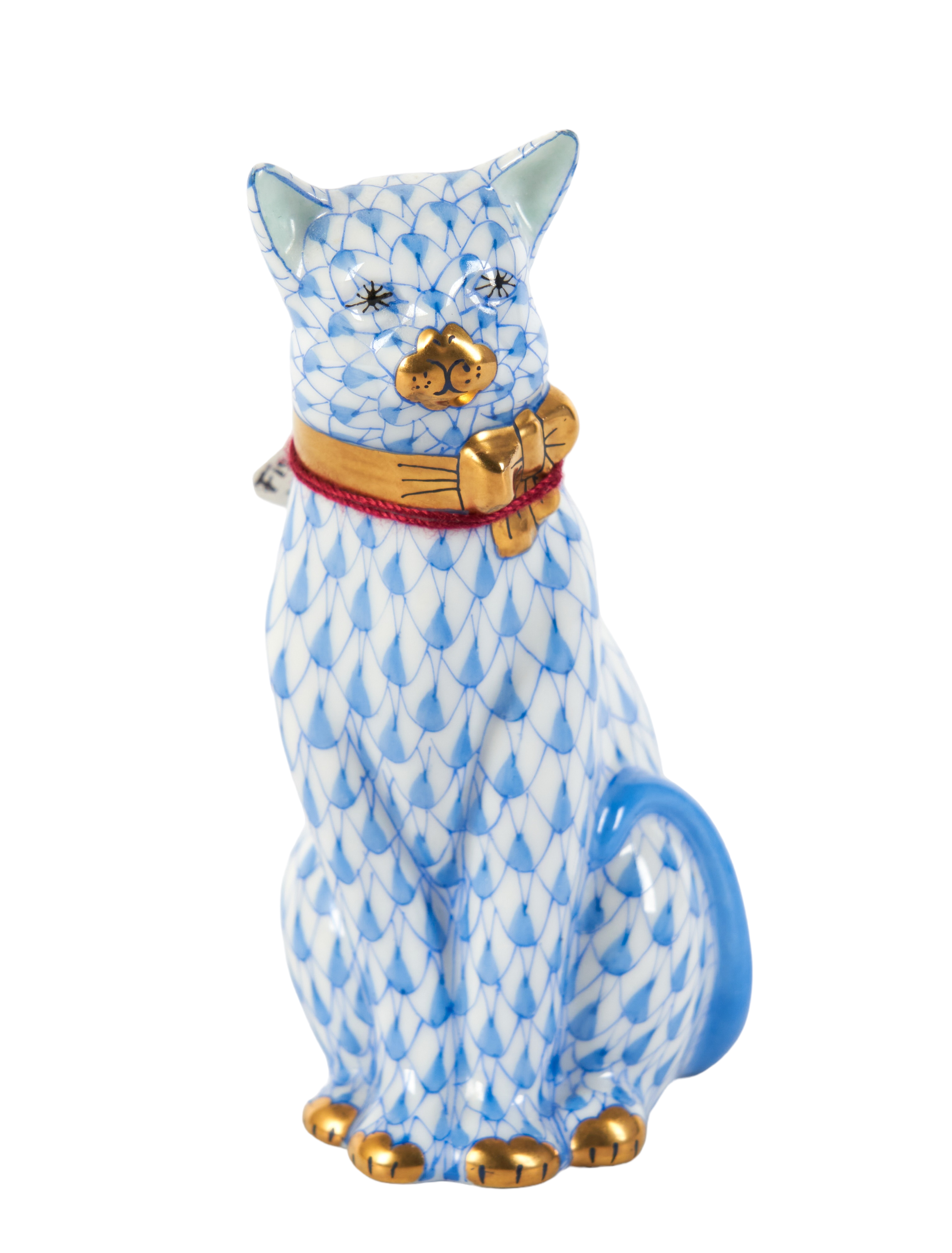 Herend blue fishnet cat figurine