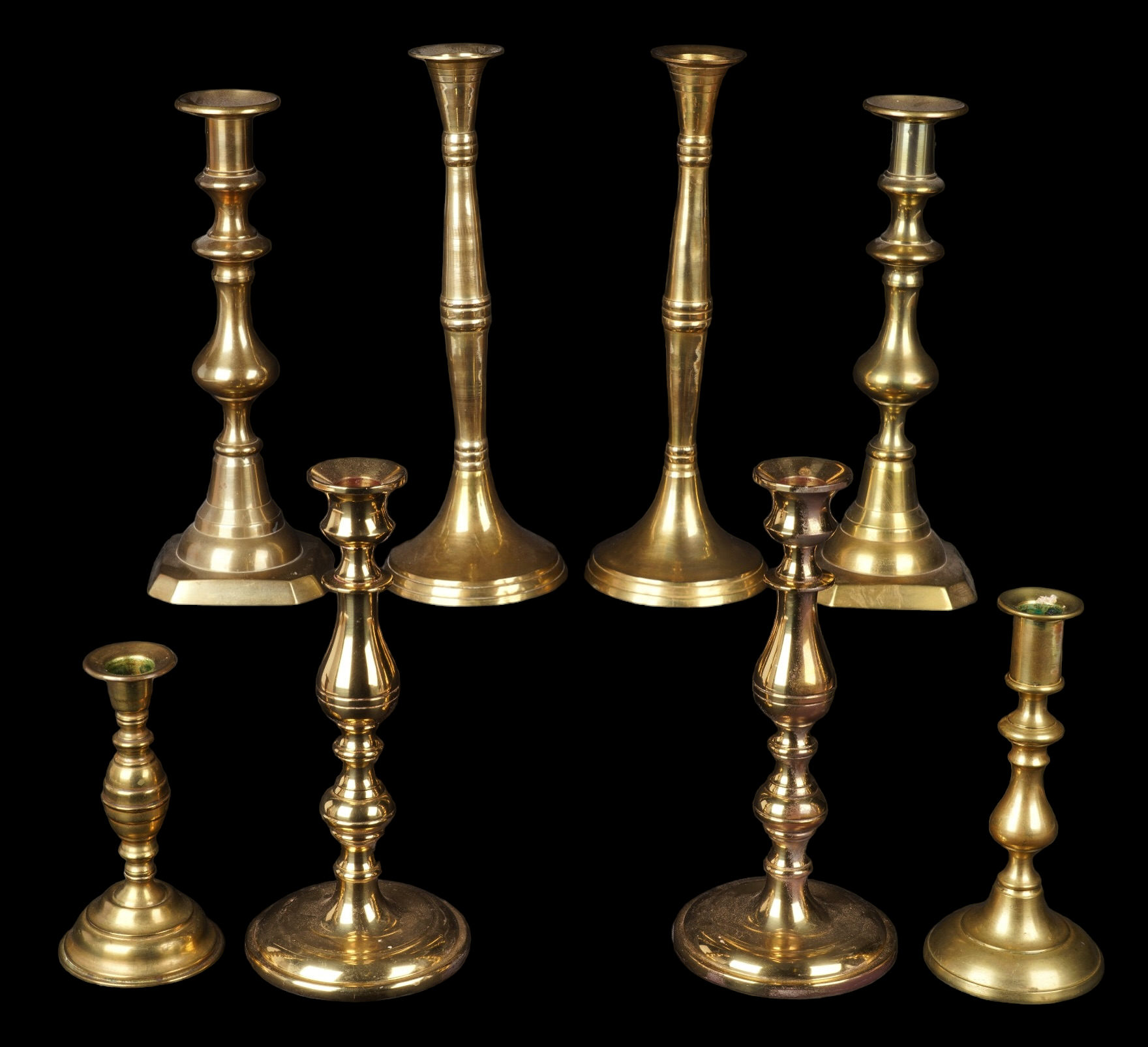 (8) Brass candlesticks, c/o (3) pair