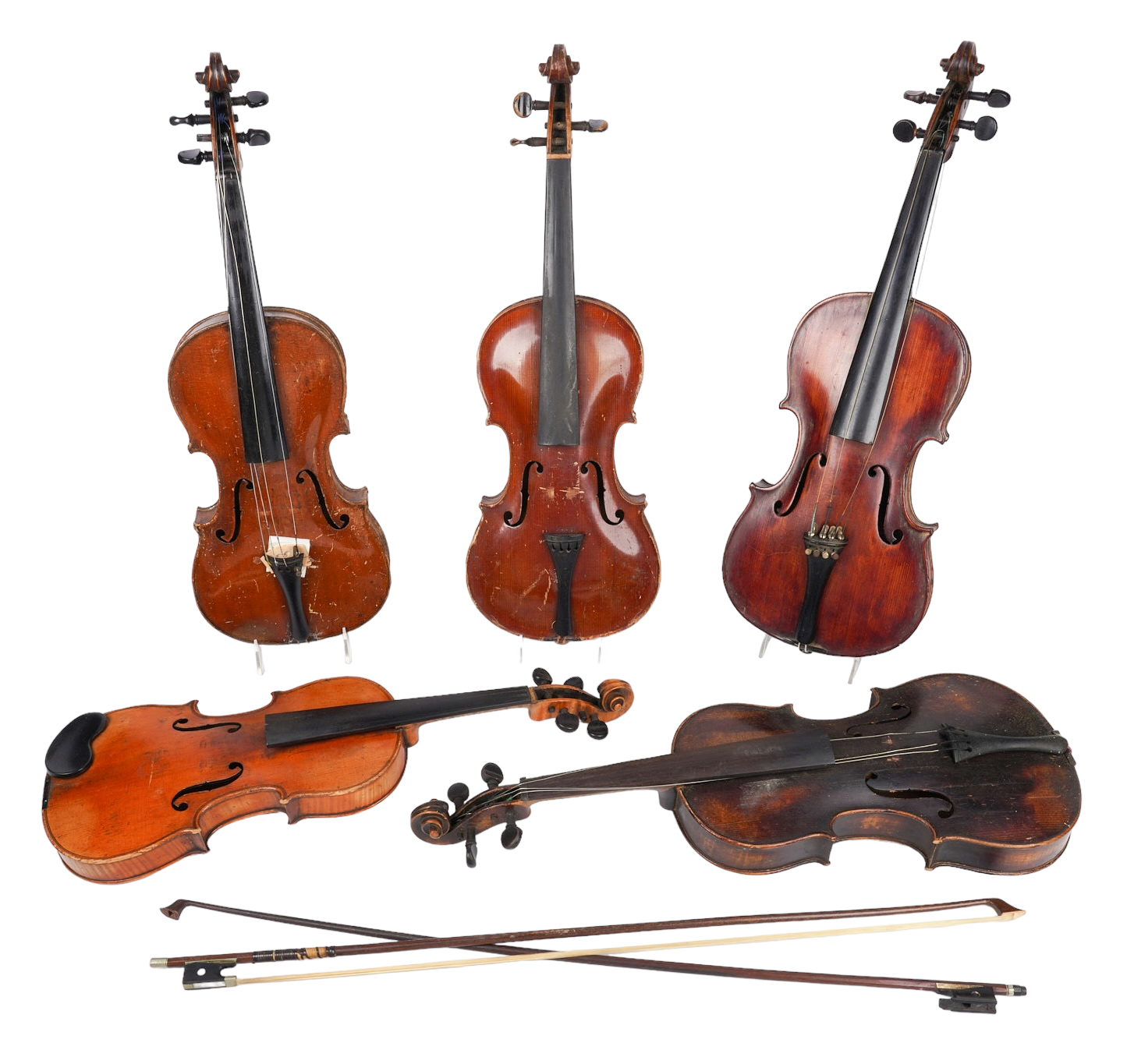 (5) Violins & (2) bows, surface