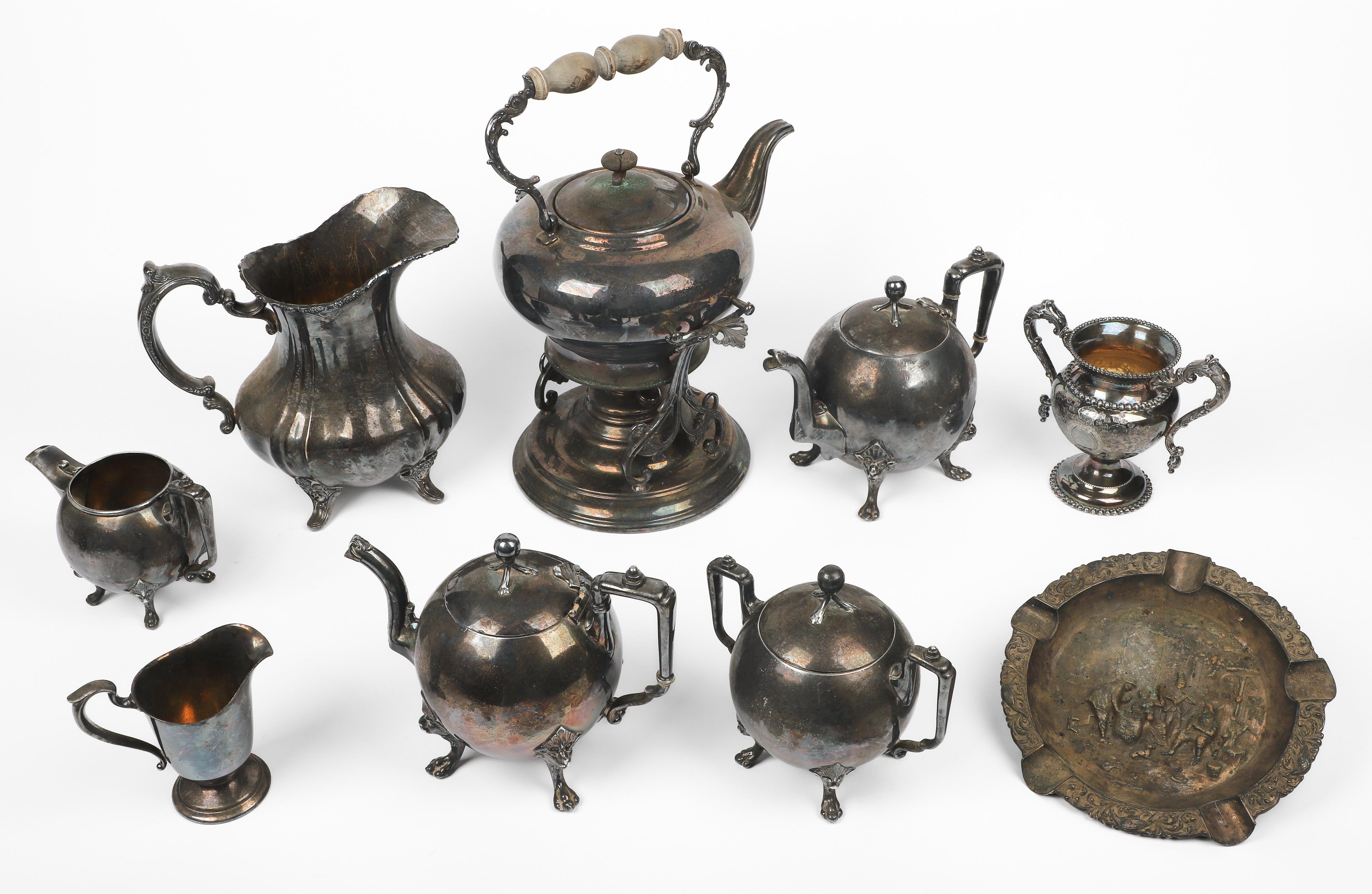 (9) Pcs silver plate, c/o 4-piece tea