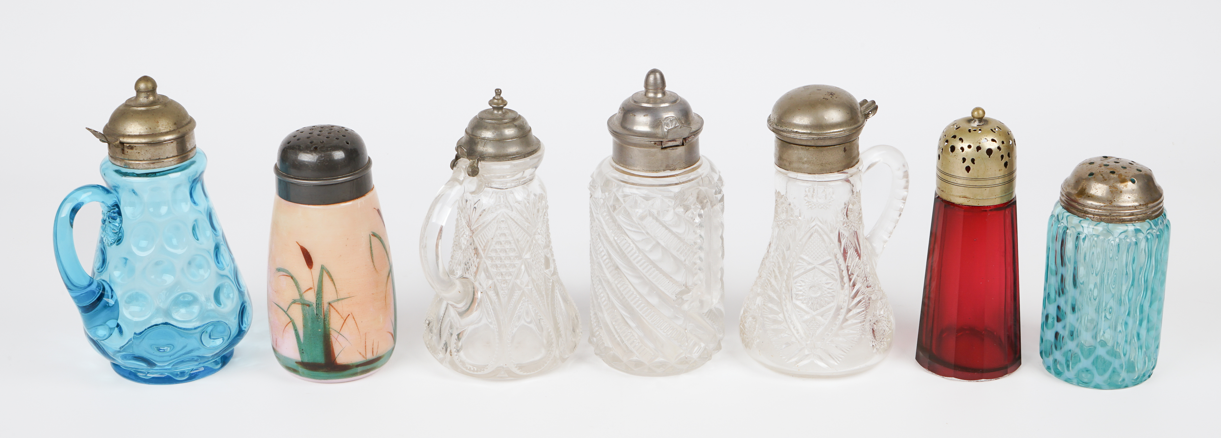 (7) Glass sugar shakers & syrups,