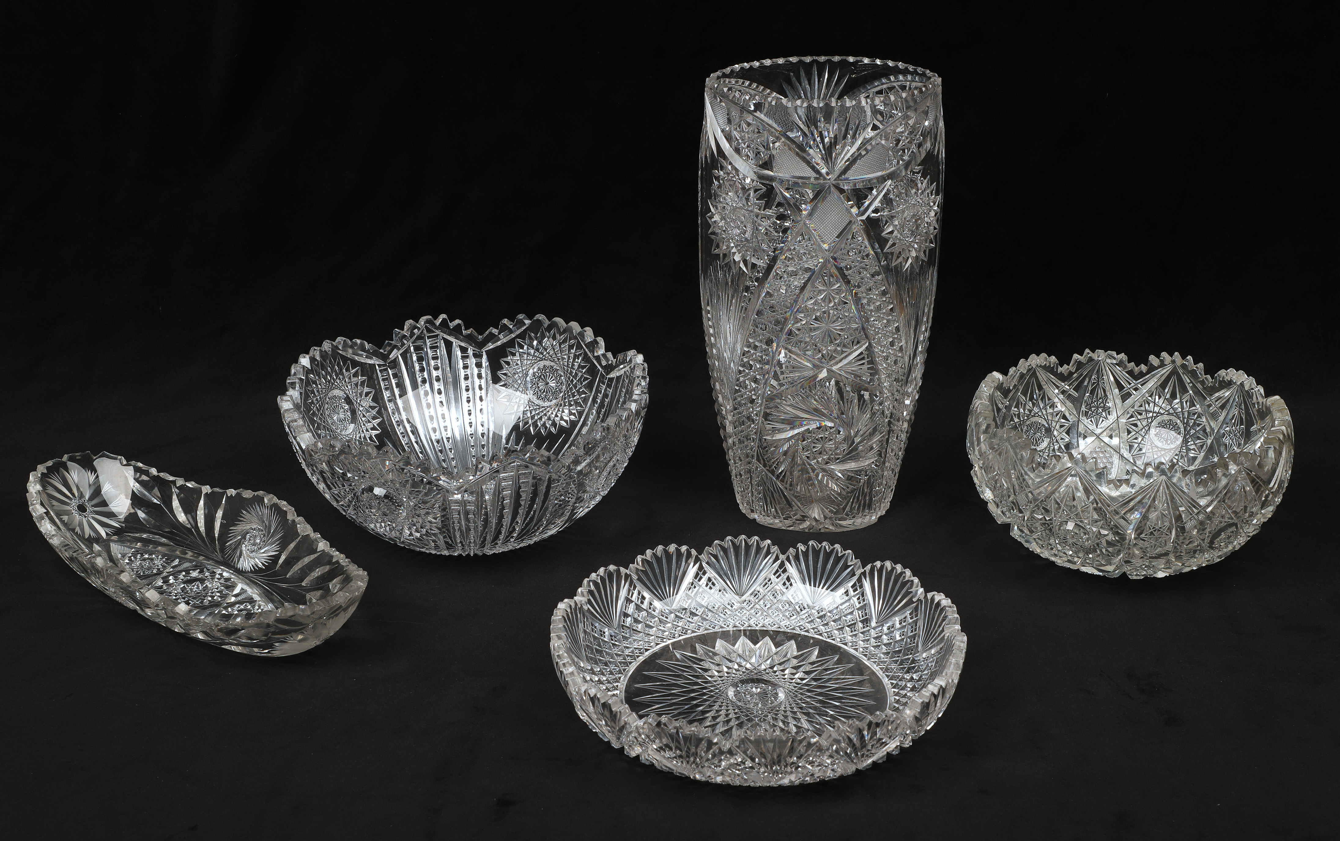 (5) Pcs cut glass, c/o vase (11-1/4"