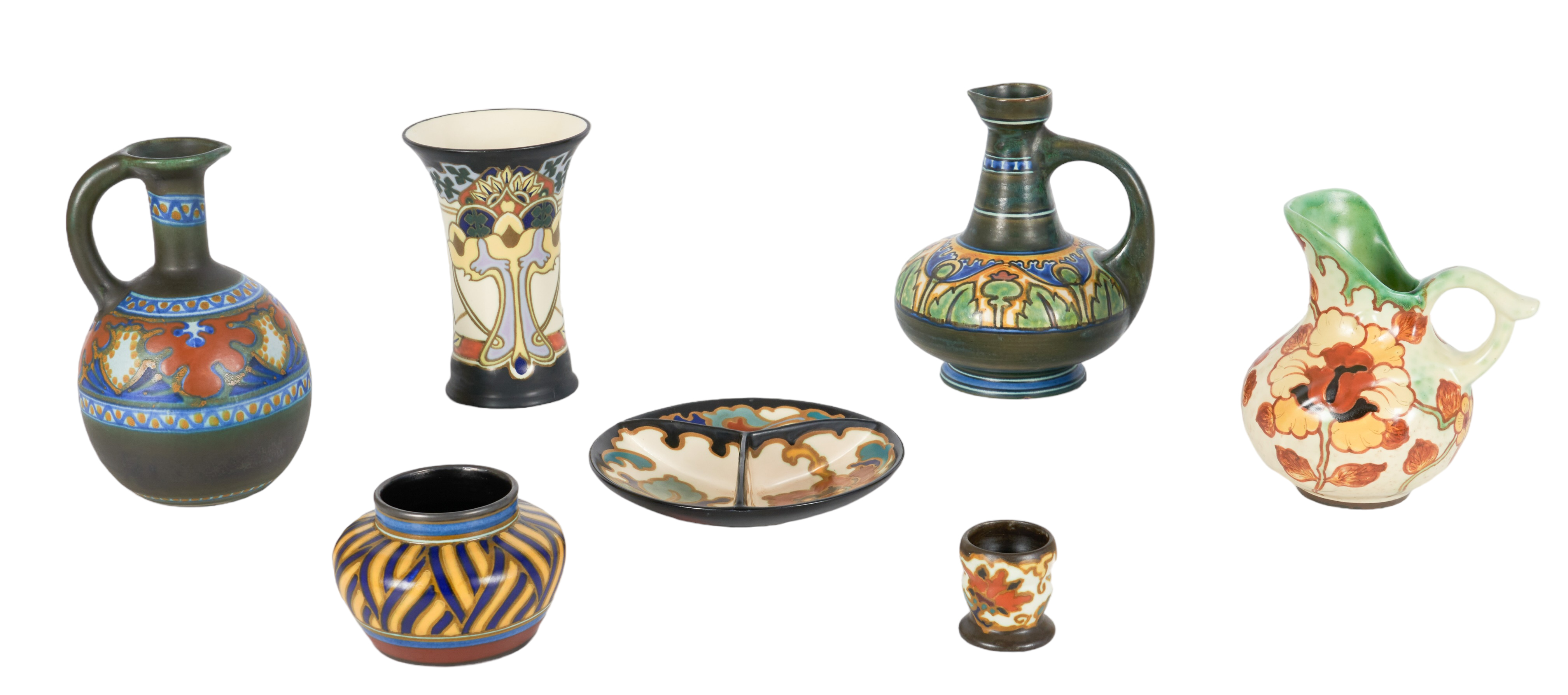 (7) Gouda Pottery Ewers, Vases, Table