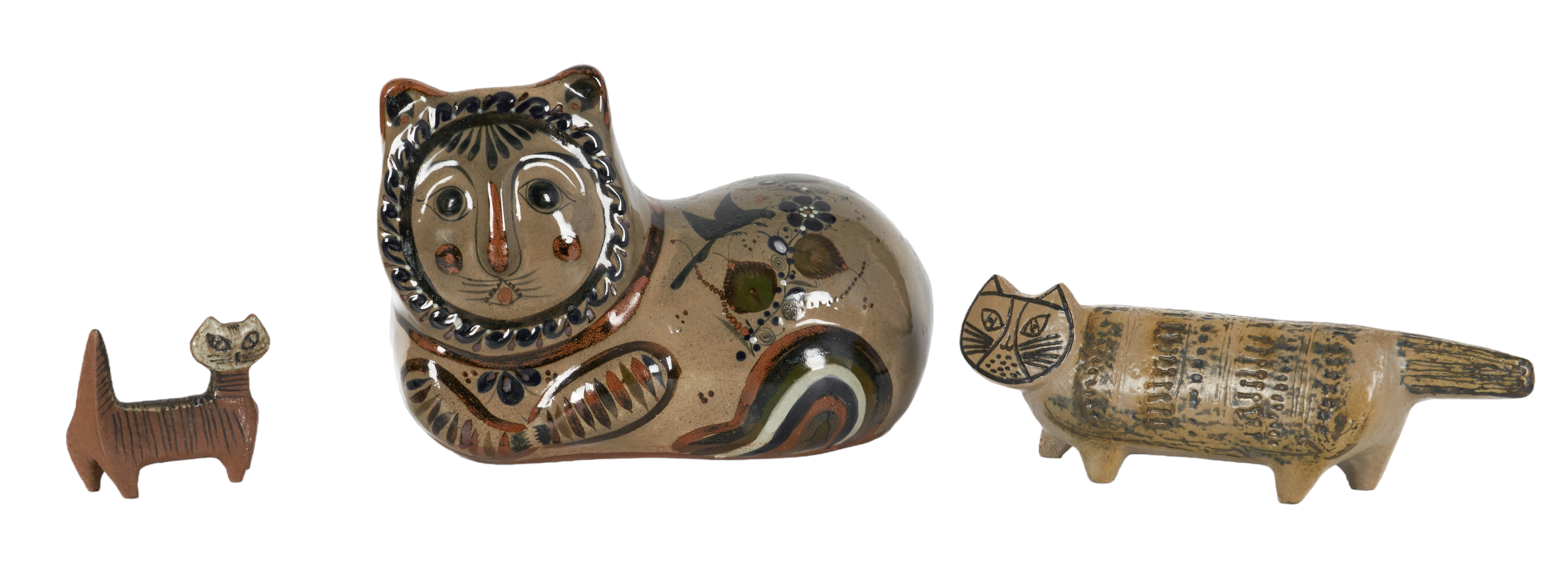 (3) Pottery stylized cat figurines,