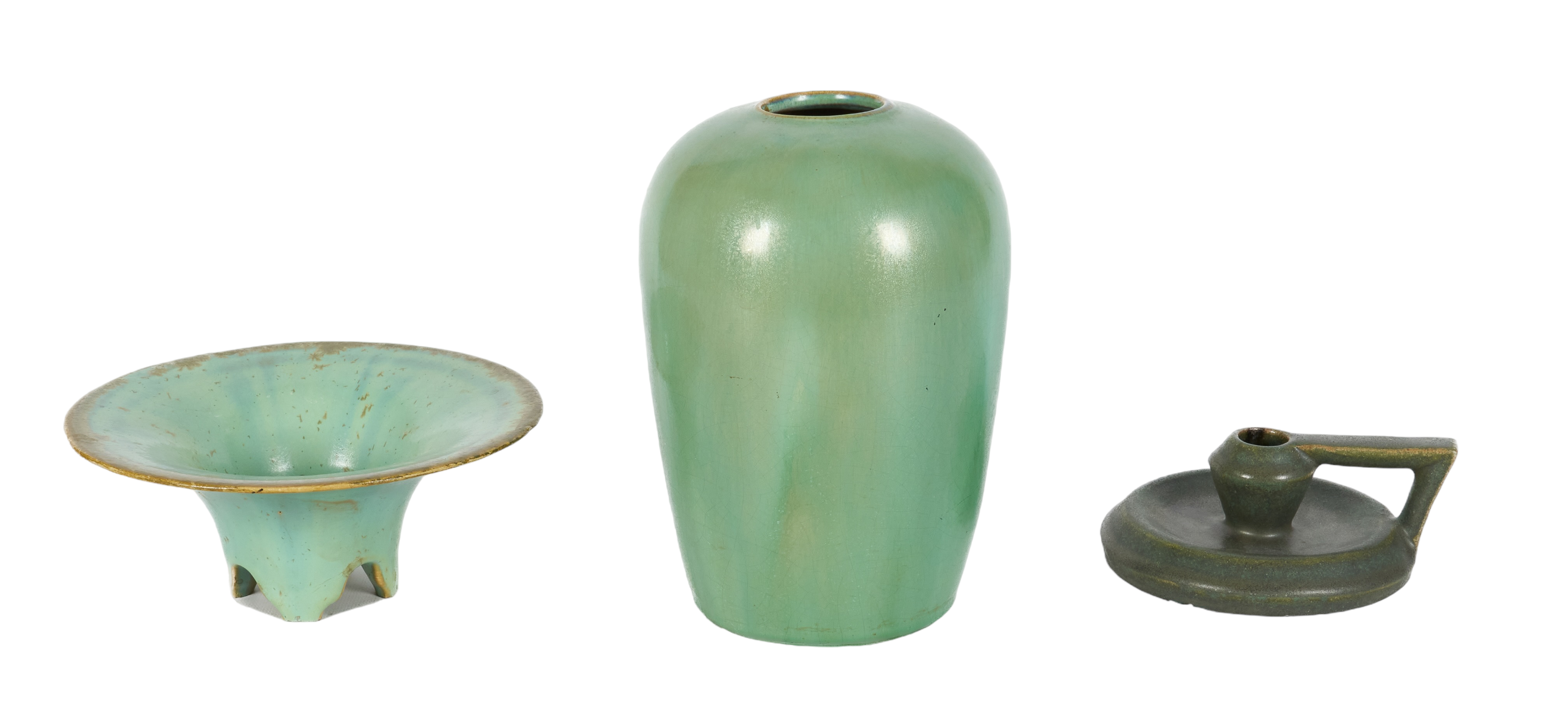 (3) Pcs Fulper pottery, c/o candle holder