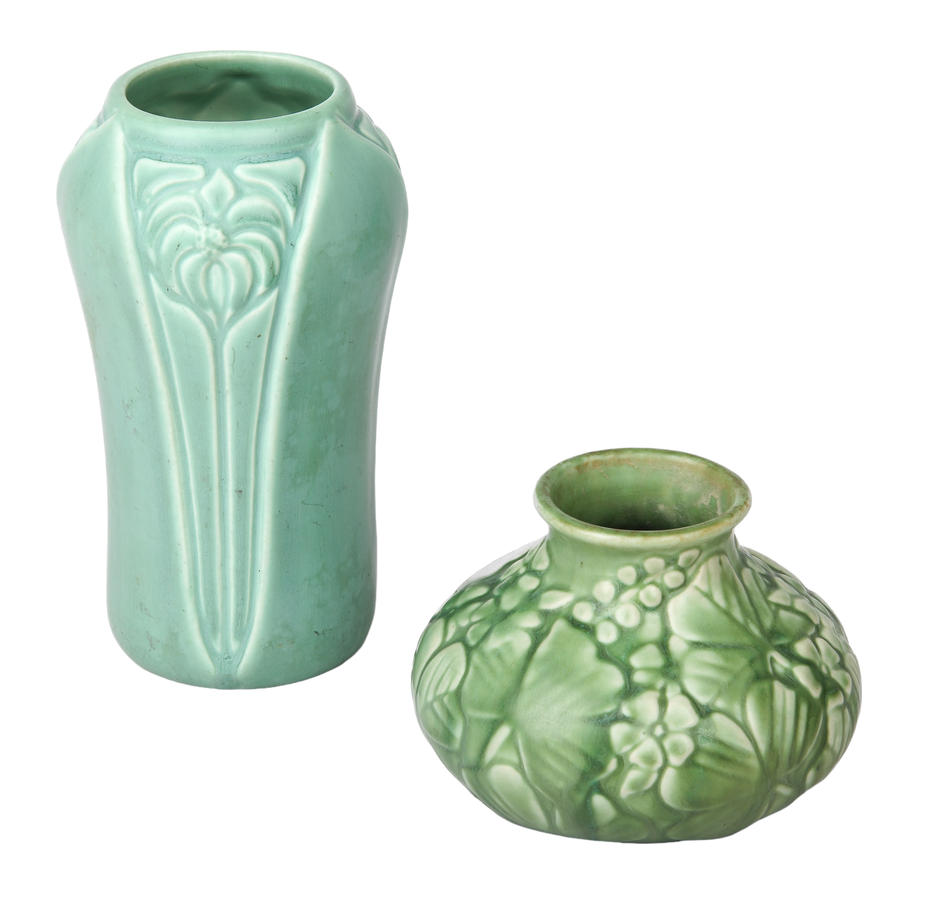 (2) Rookwood embossed vases, blue-green