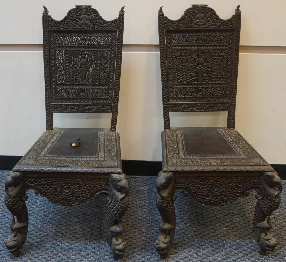 PAIR INDIAN CARVED HARDWOOD HIGHBACK 2e4ba3