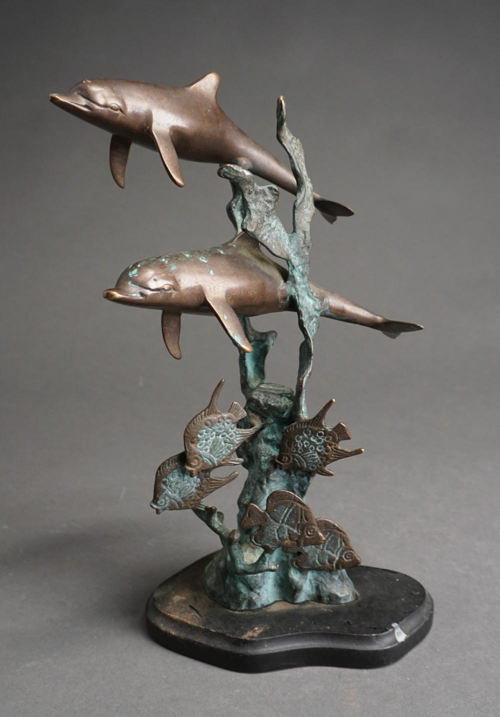 BRONZE FIGURE OF DOLPHINS AND FISH,