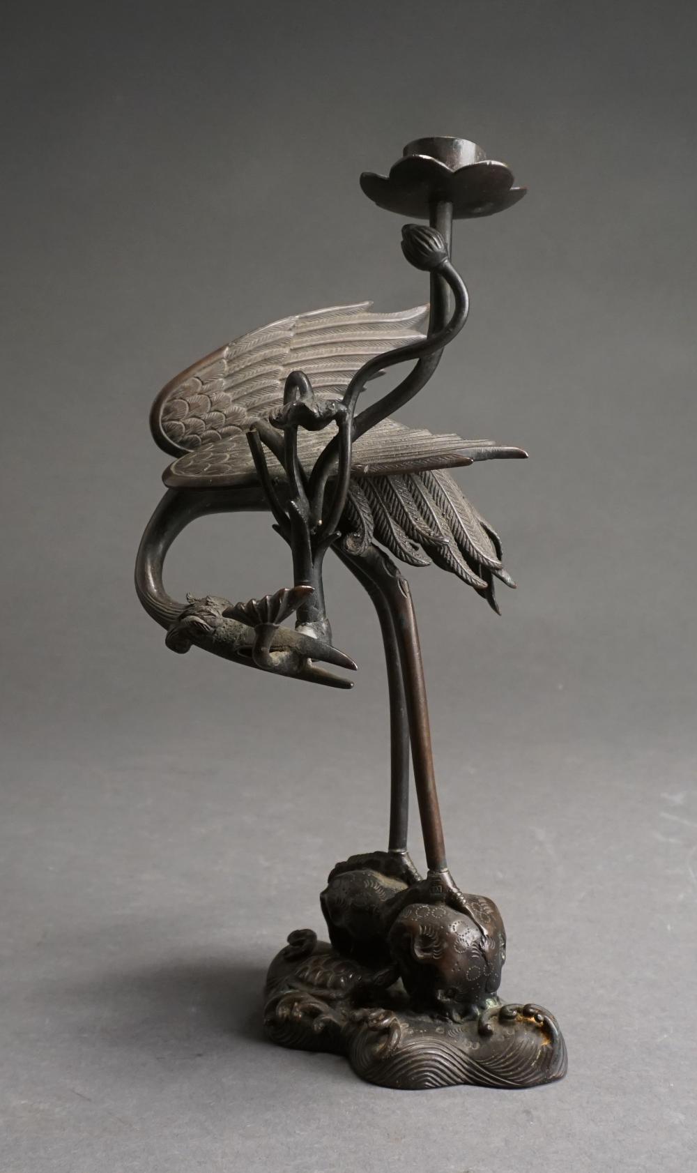 JAPANESE BRONZE CRANE-FORM CANDLESTICK,