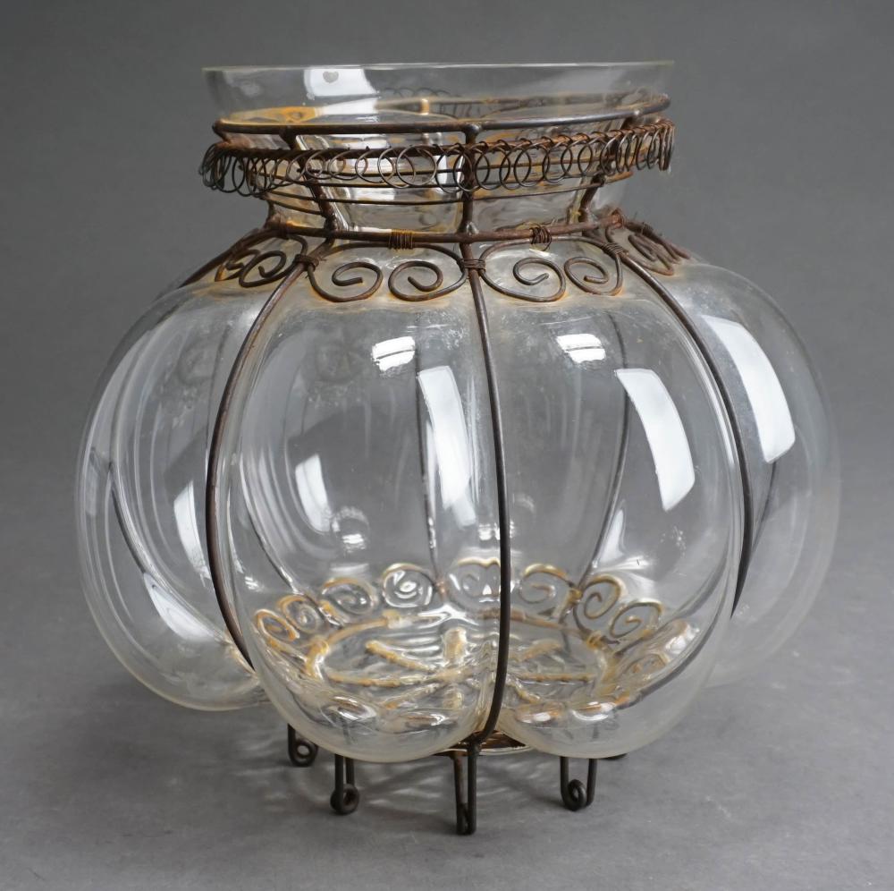 WIRE MOUNTED HAND-BLOWN GLASS VASE,