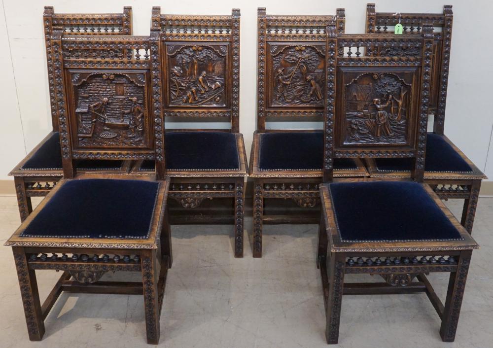 SIX JACOBEAN STYLE CARVED OAK AND
