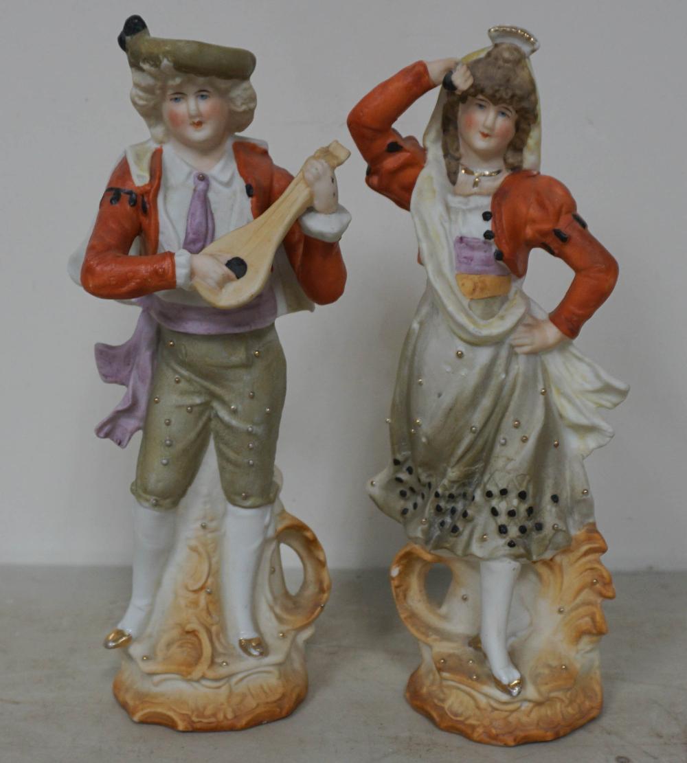 TWO DECORATED BISQUE FIGURES H: 9 IN.