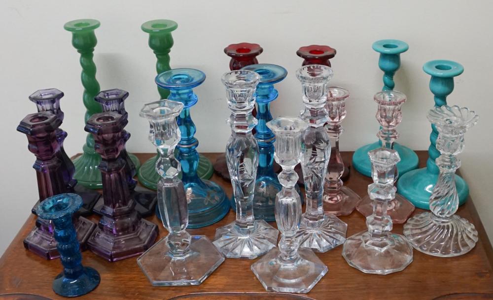 GROUP OF COLORED AND CLEAR GLASS CANDLESTICKSGroup