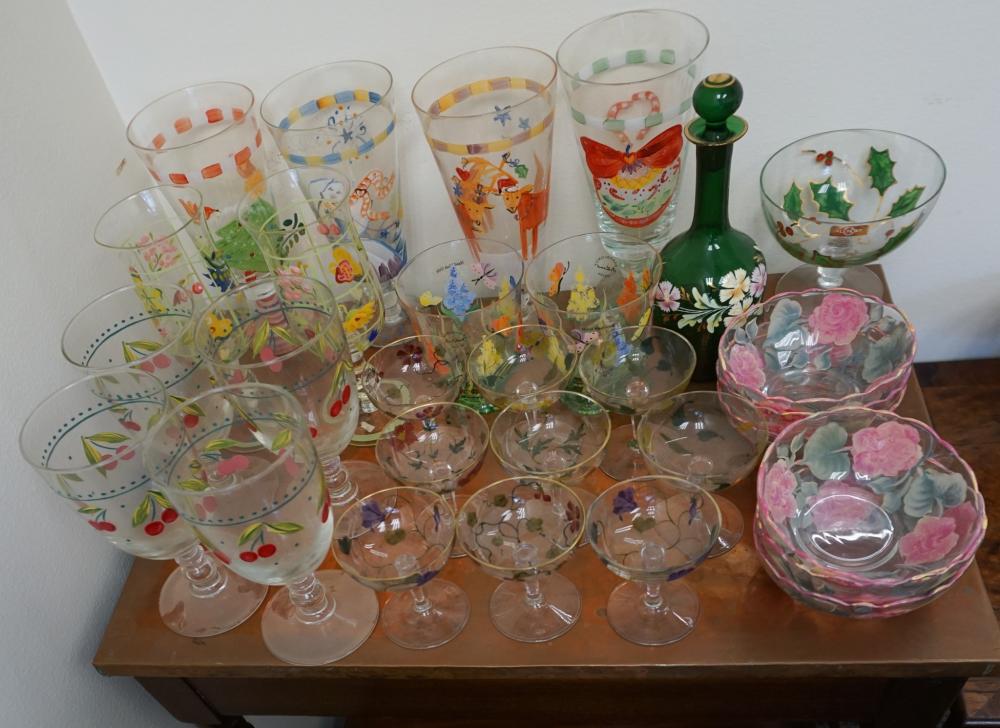 GROUP OF HAND PAINTED GLASS BARWAREGroup