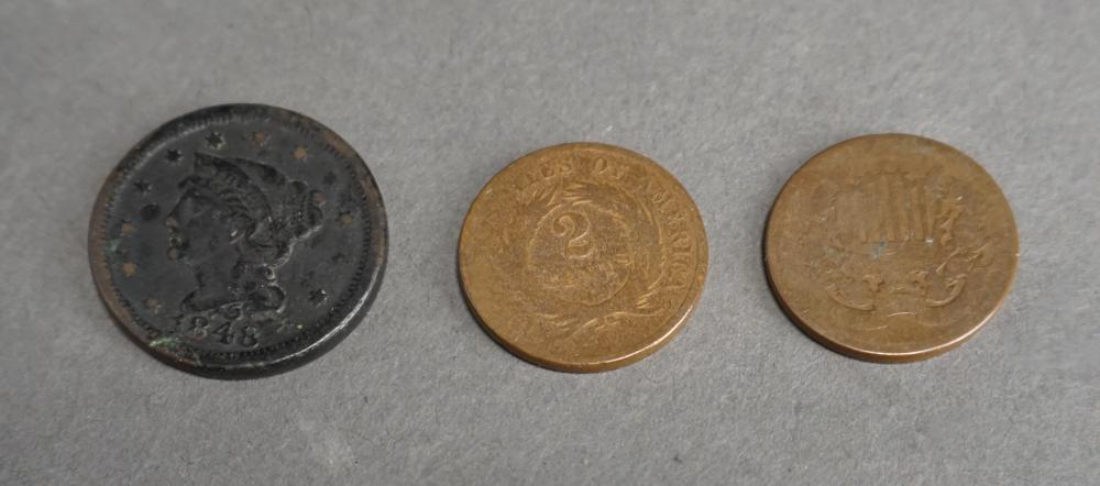 THREE US COINS, 1848 ONE CENT AND