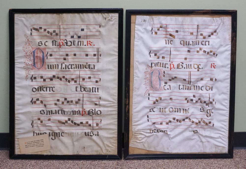 TWO ANTIPHONARY SHEETS, FRAME: 32 X