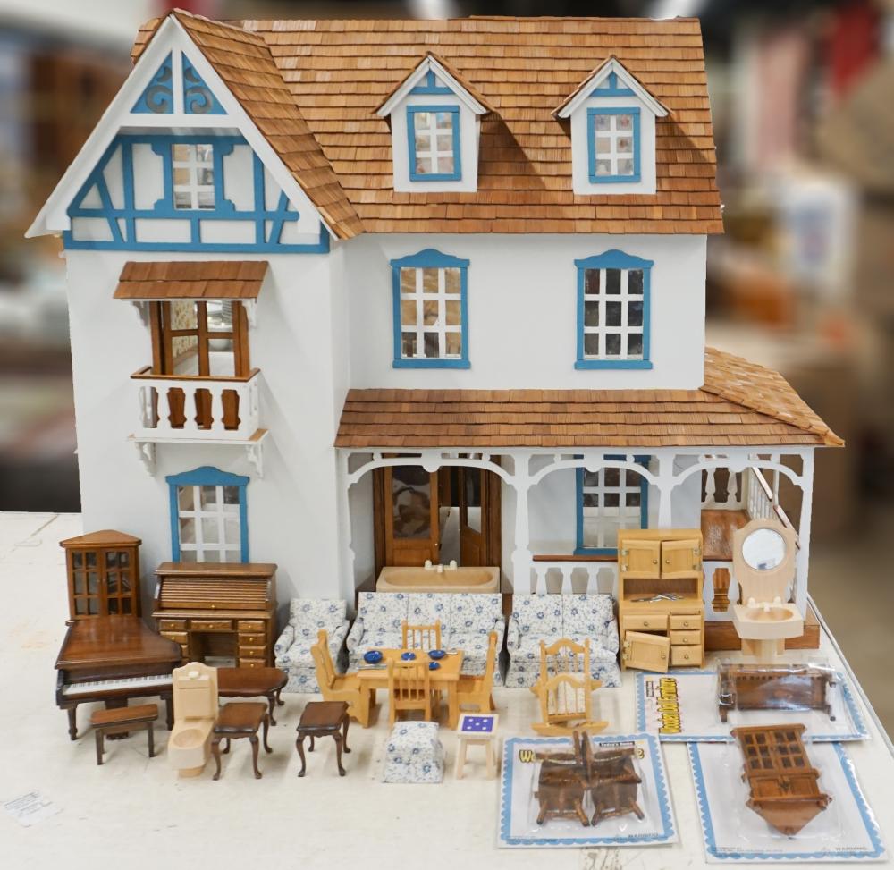 PAINTED WOOD DOLL HOUSE WITH ACCESSORIESPainted