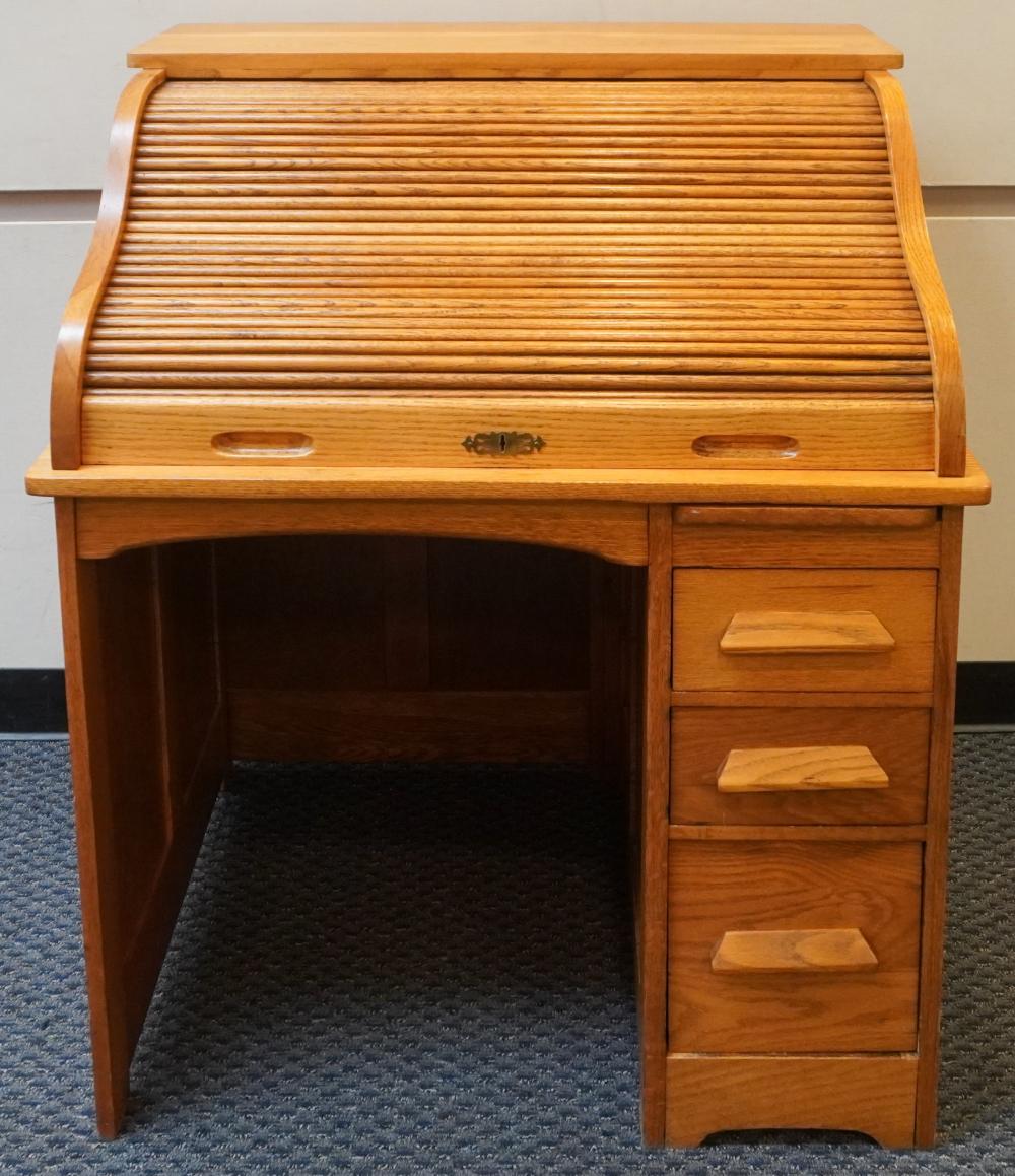 OAK ROLL-TOP DESK AND SIDE CHAIR,