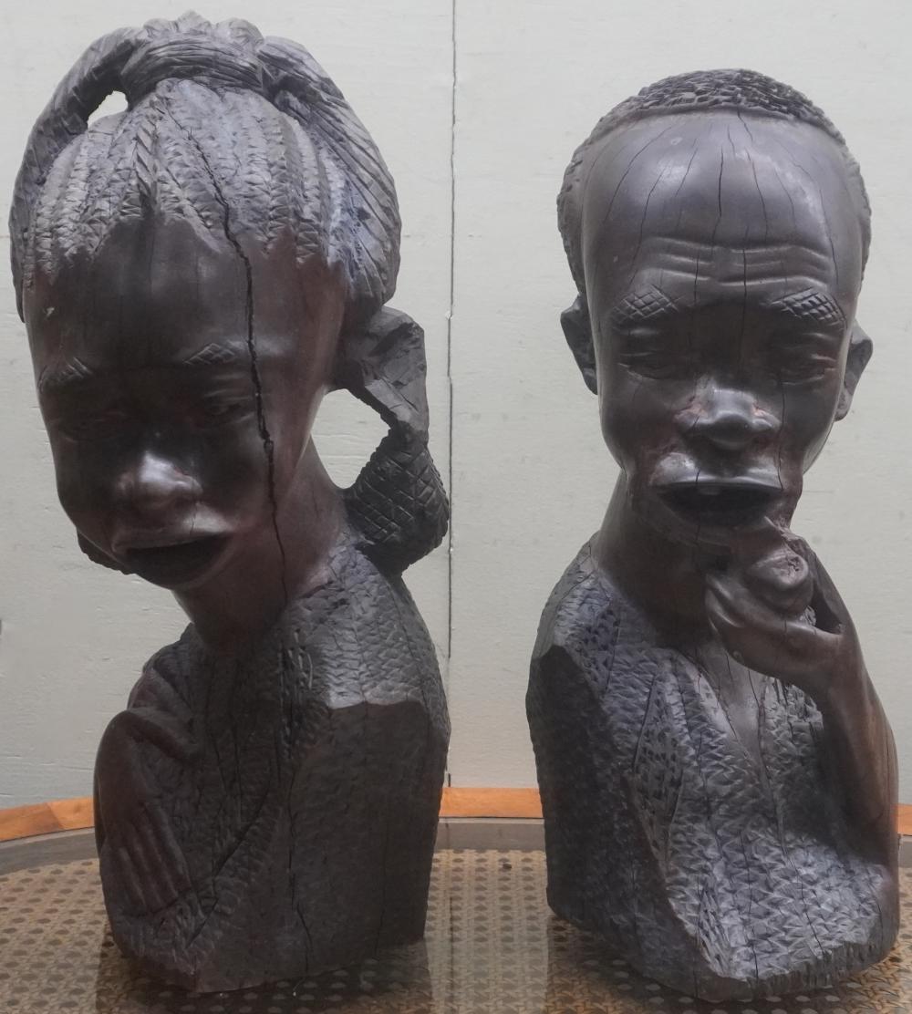 TWO AFRICAN STYLE CARVED WOOD BUSTS,