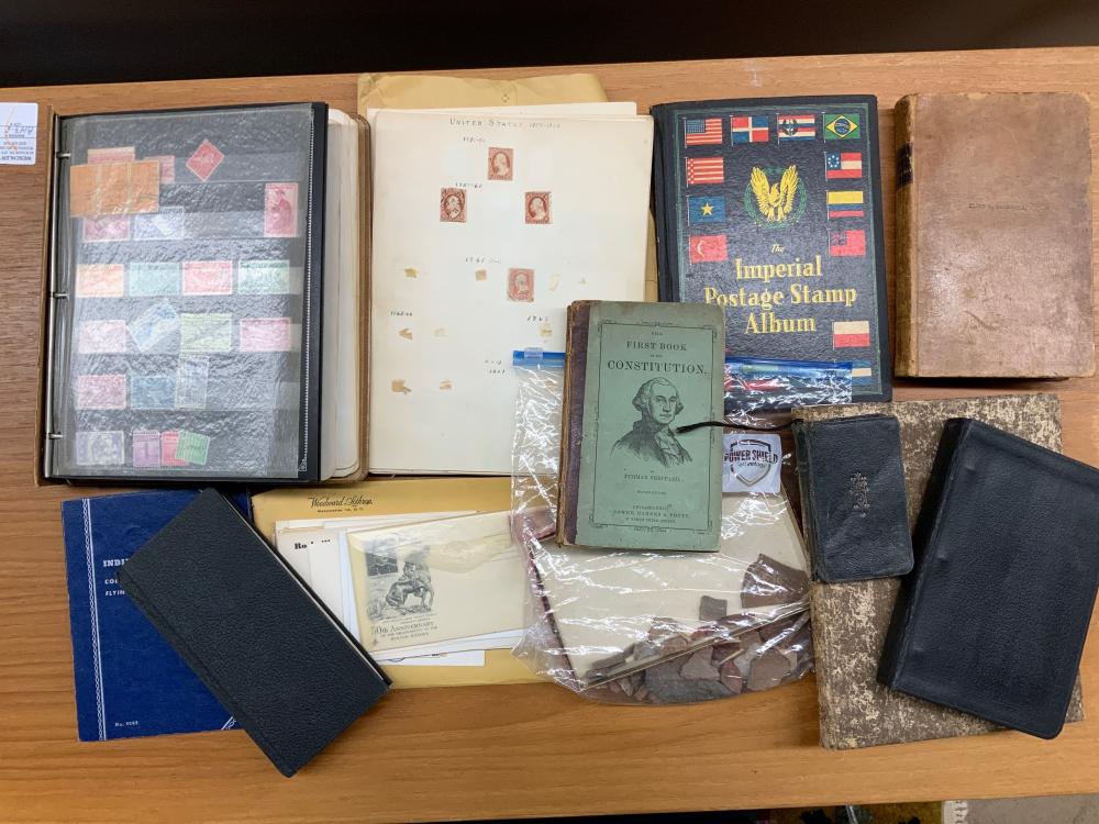 GROUP OF ASSORTED BOOKS, STAMPS,