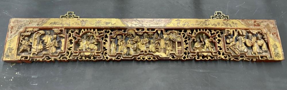CHINESE CARVED GILT AND RED LACQUERED