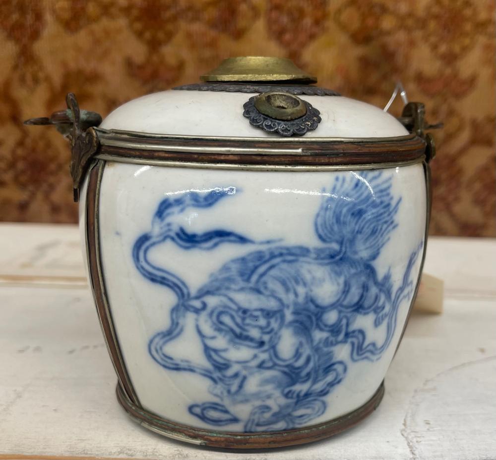 CHINESE BRASS MOUNTED BLUE AND