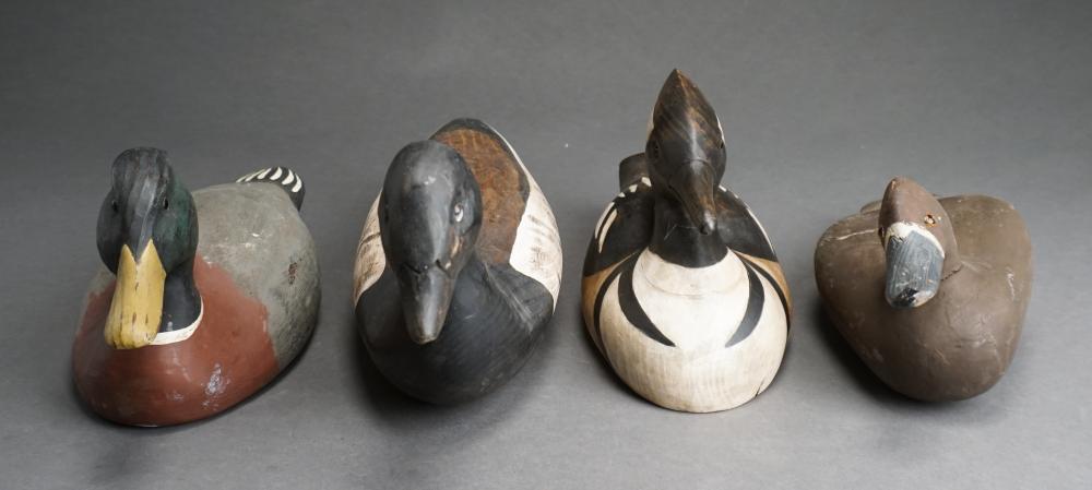FOUR PAINTED CARVED WOOD DUCK DECOYS,