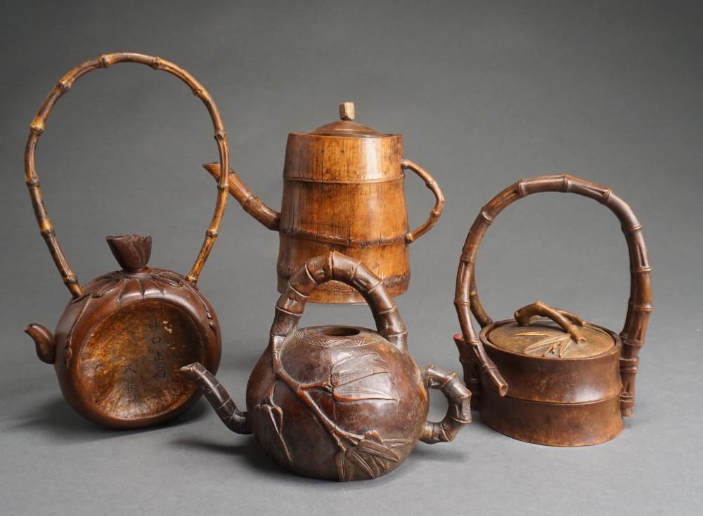 FOUR JAPANESE BAMBOO AND WOOD TEAPOTSFour