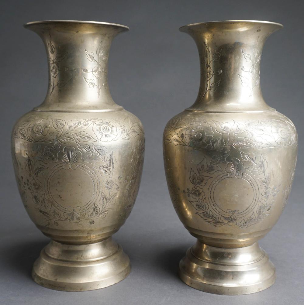 PAIR OF CHASED WHITE BRASS VASES  2e5a12