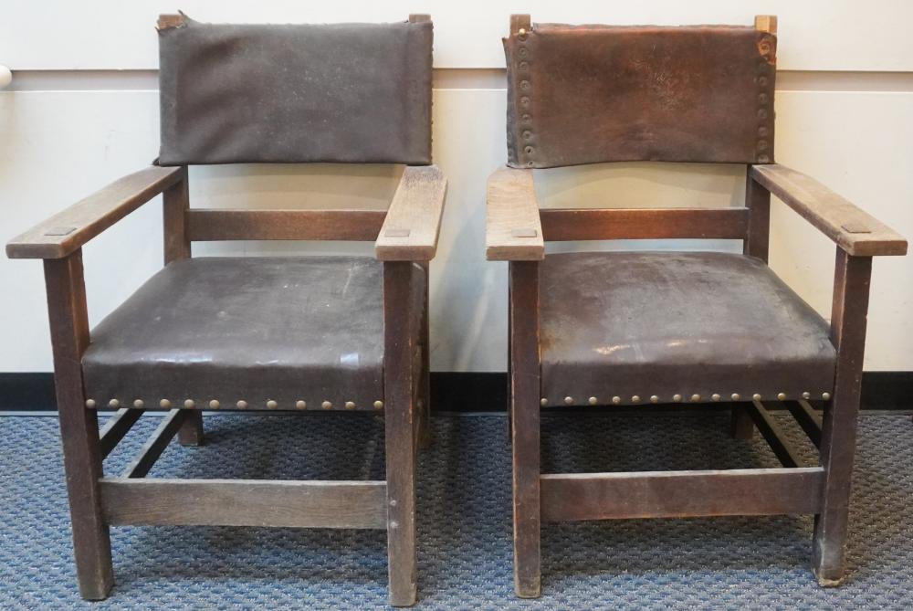 PAIR STICKLEY OAK BRASS NAIL STUDDED