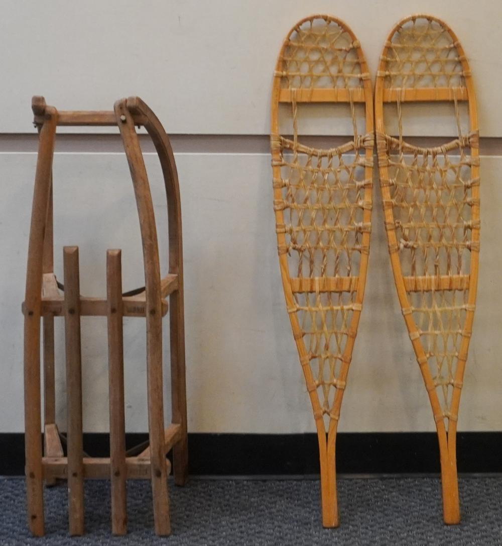CARVED WOOD SLED AND PAIR SNOWSHOESCarved