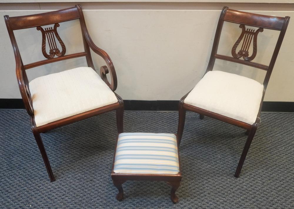 TWO VICTORIAN STYLE CHAIRS AND A FOOTSTOOLTwo