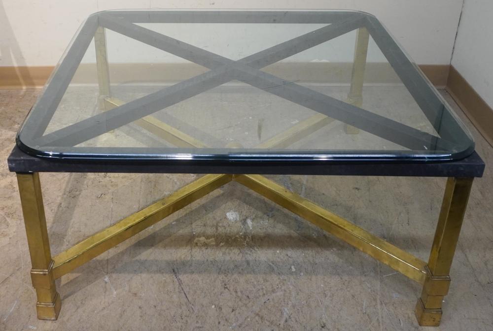 BRASS AND GLASS TOP COFFEE TABLE,