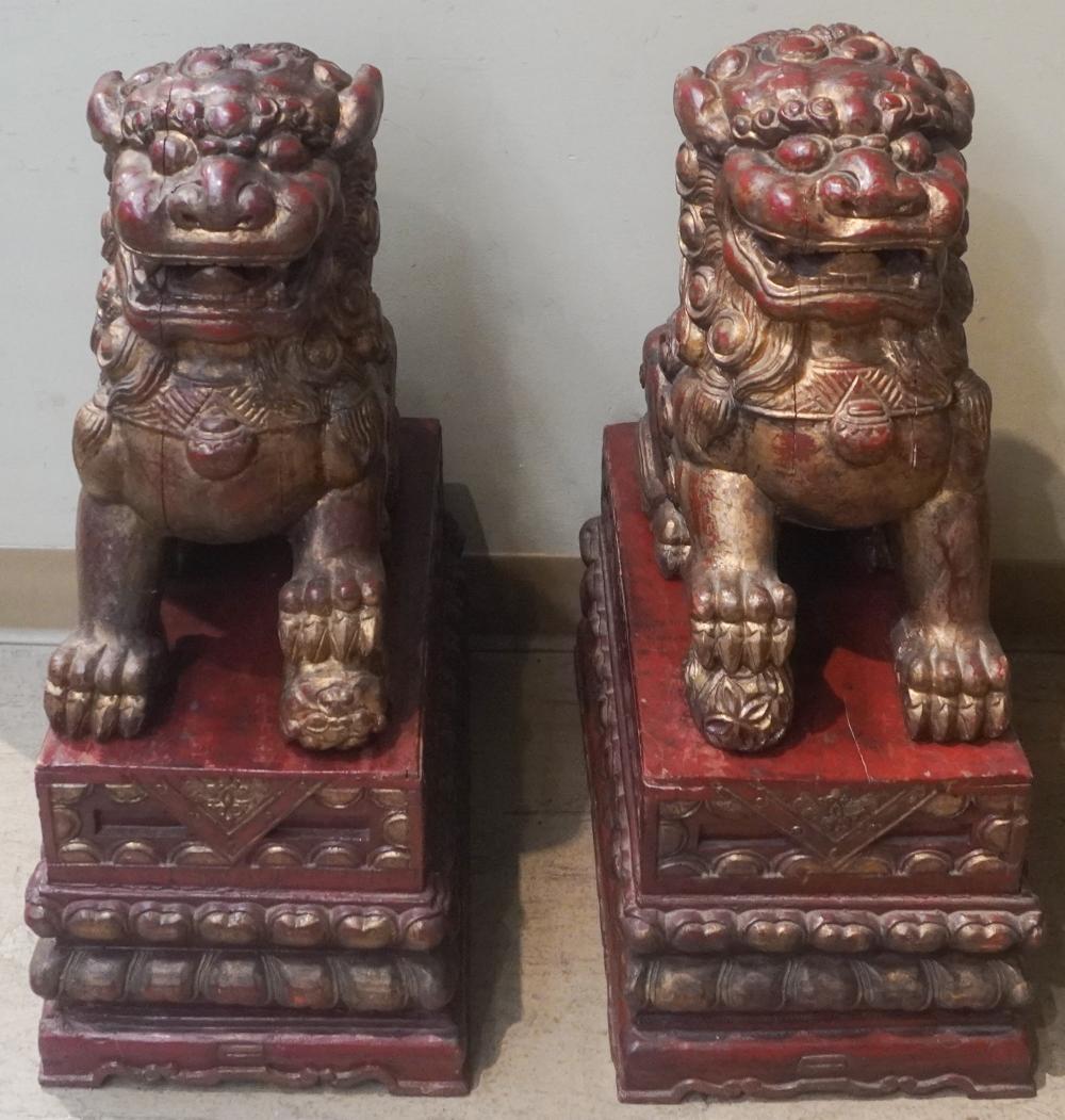 PAIR CHINESE RED AND GILT PAINTED