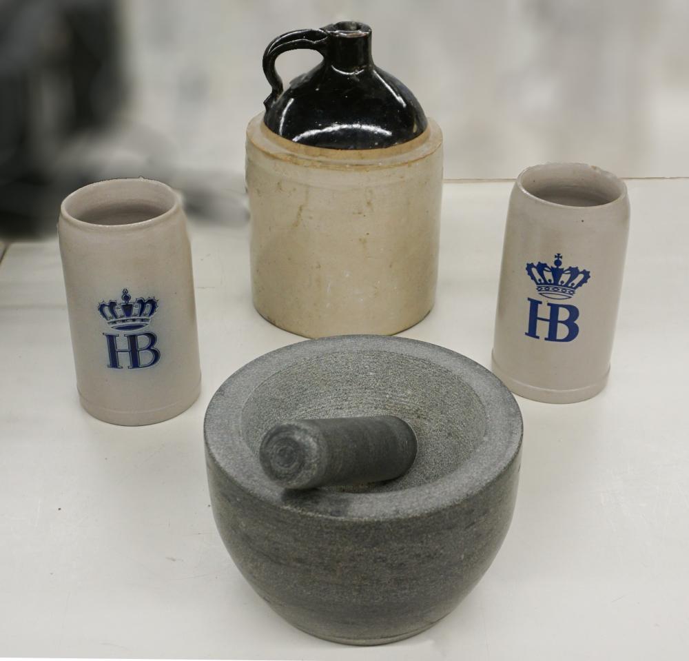 STONEWARE CROCK, PAIR OF MUGS AND STONE